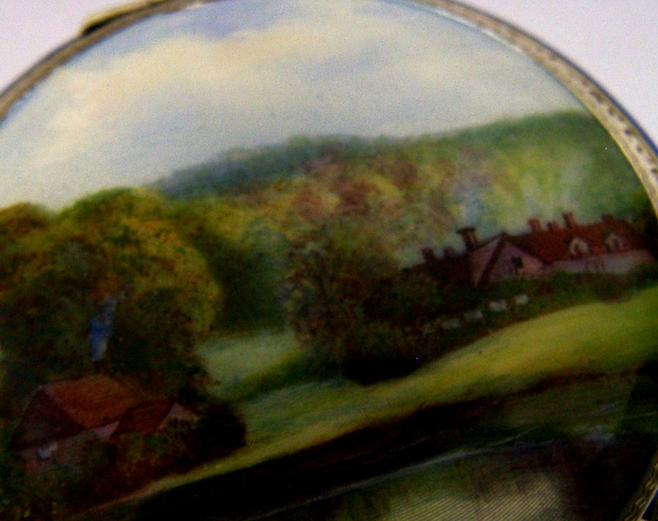 Antiek Sterling Zilveren Email Compact 1927, Handgeschilderd photo Woonaccessoires