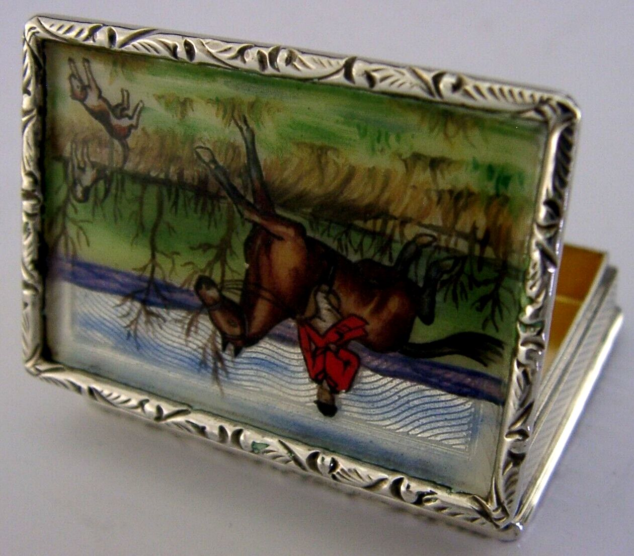 Top Quality Sterling Silver Enamel Fox Hunting Horse Riding Snuff Box 1977 photo vinterior