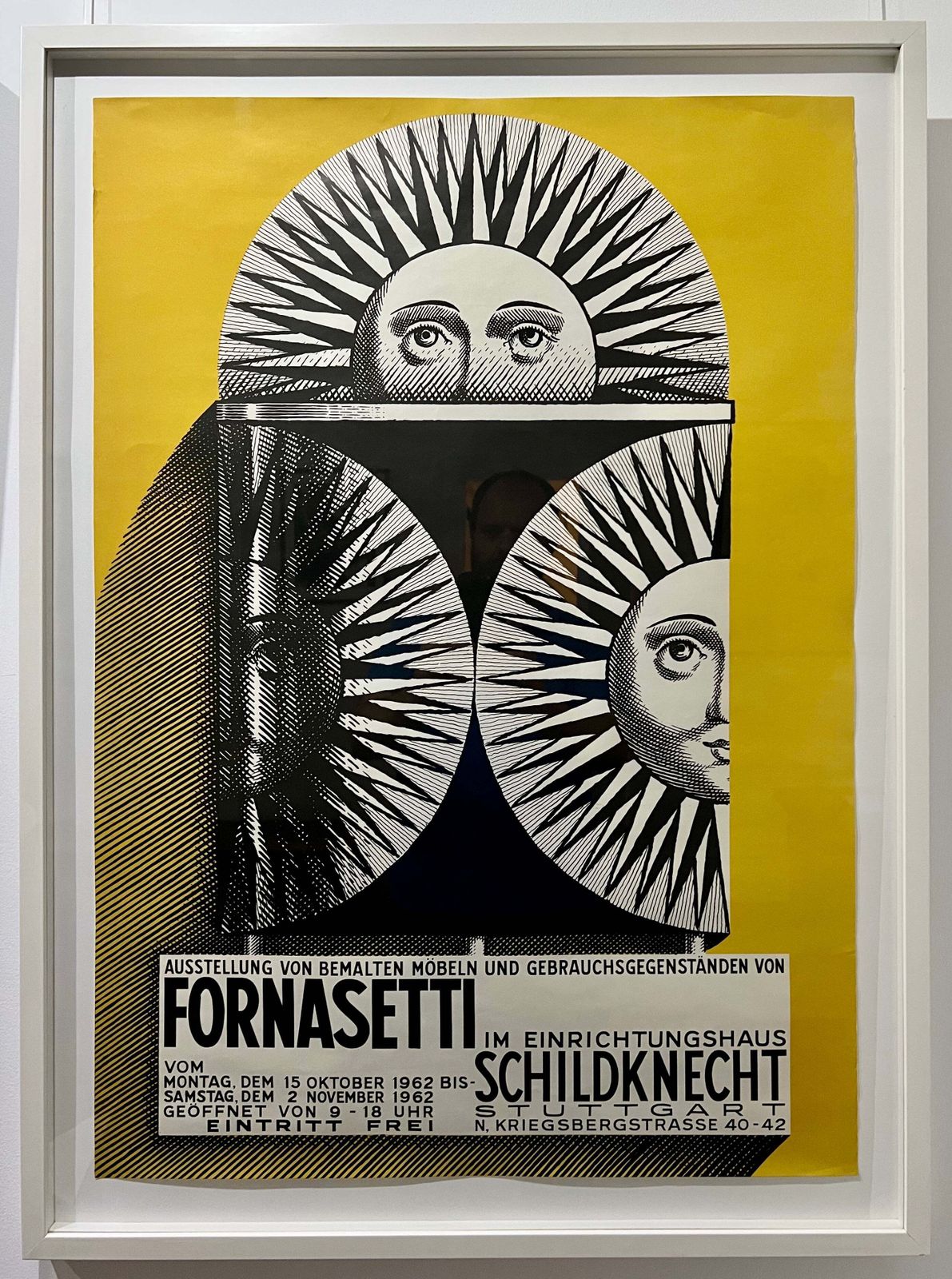 1962 Fornasetti tentoonstellingsposter, vintage druk, geel, 94,2x64,1 cm, ingelijst