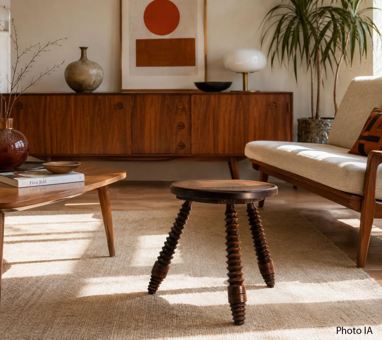 photo for sale Driepotige Kruk Rond Eiken, In De Stijl Van Dudouyt, Frankrijk Ca. 1950