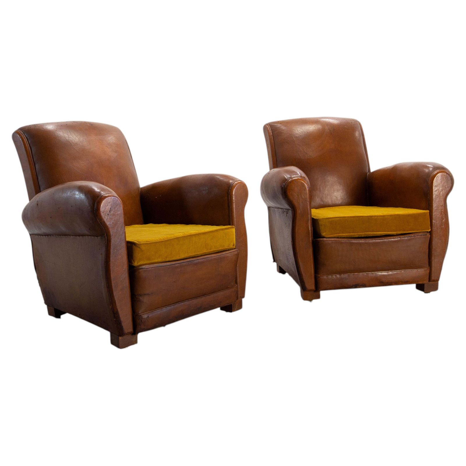Antique Pair Club Armchair Fauteuil Cognac Leather & Fabric French, Circa 1930
