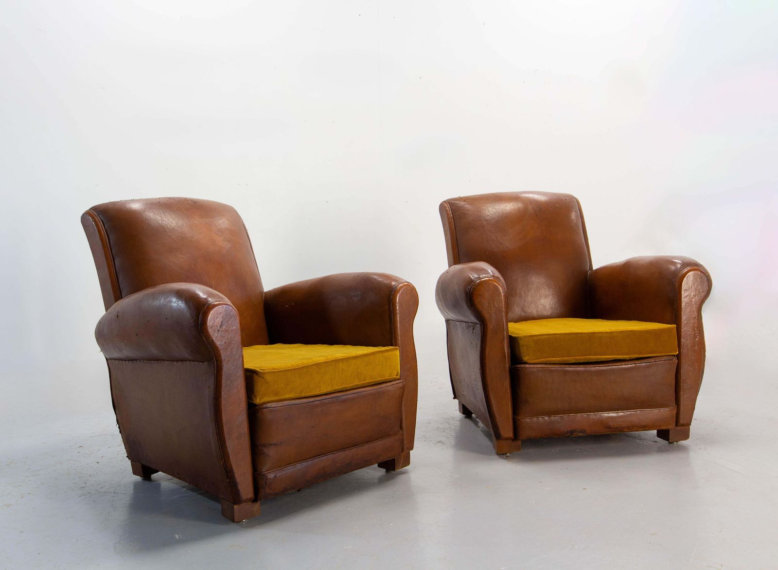 Antique Pair Club Armchair Fauteuil Cognac Leather & Fabric French, Circa 1930 photo furniture