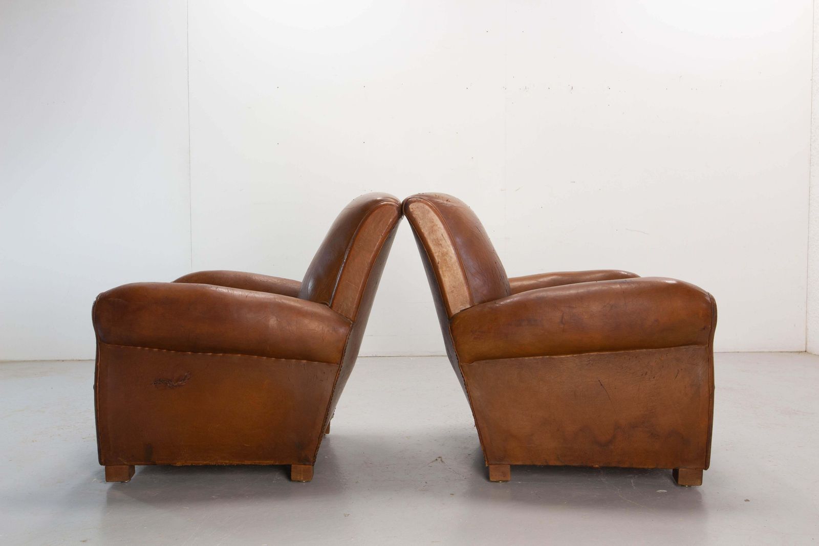 Antique Pair Club Armchair Fauteuil Cognac Leather & Fabric French, Circa 1930 photo 3140.0