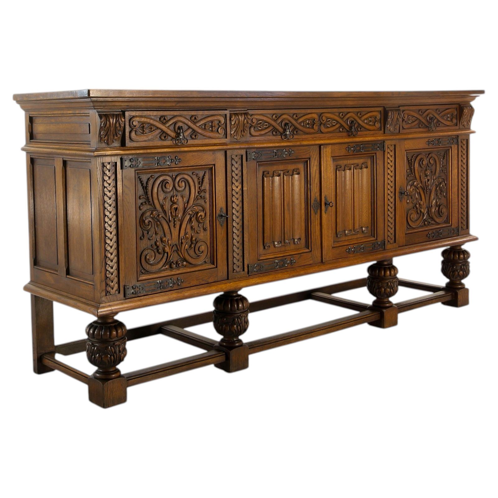 Spanish Large Carved Oak Buffet Neo Renaissance Style, Circa 1950
