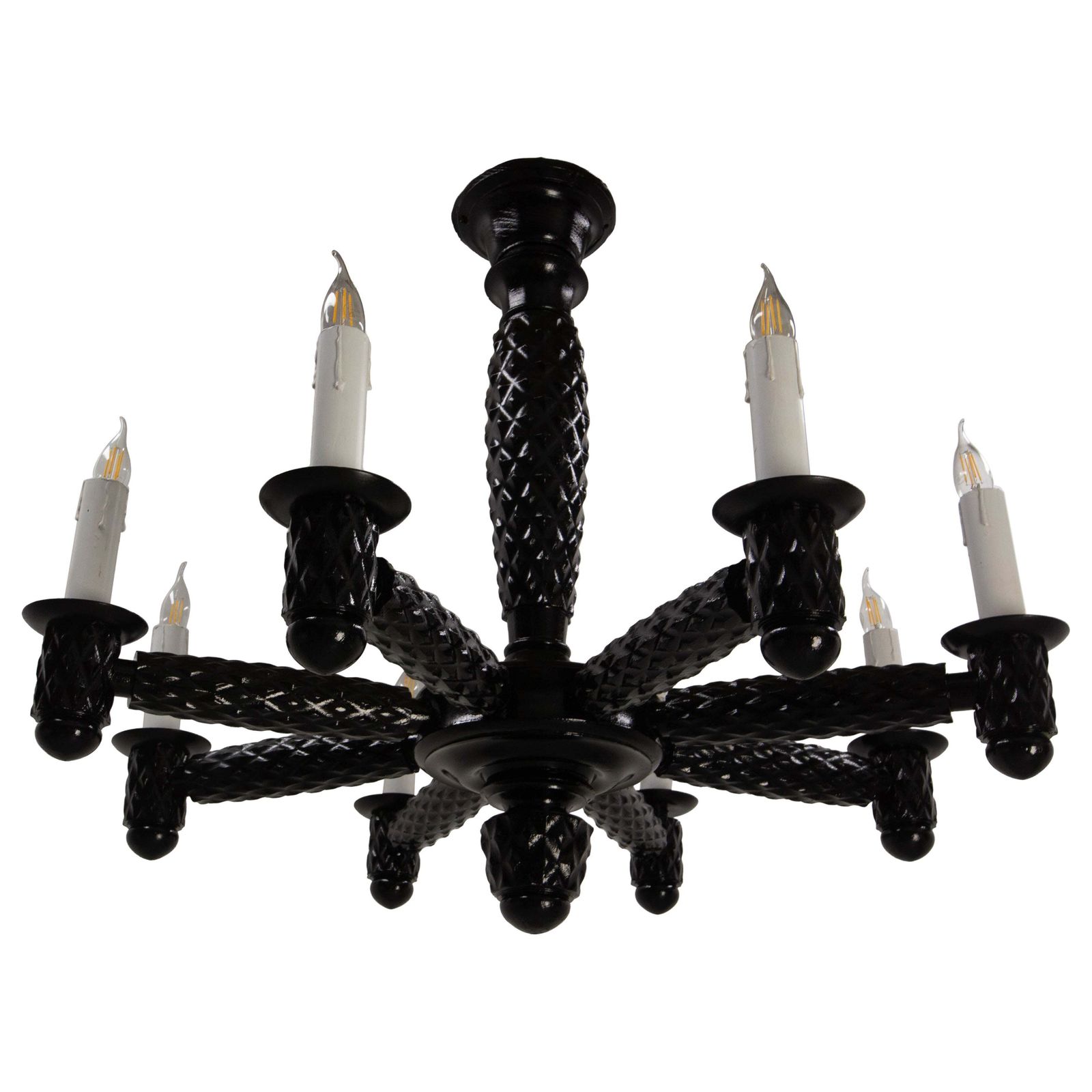 French Black Lacquered Wood Ceiling Lustre Eight Lamps, Circa 1940
