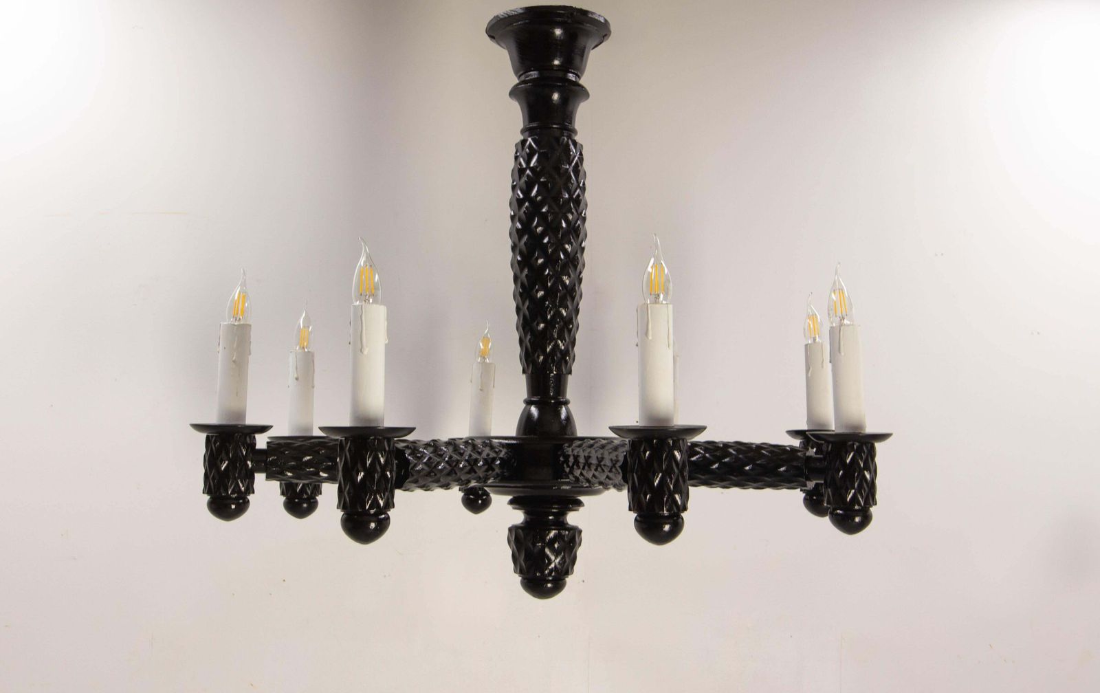 French Black Lacquered Wood Ceiling Lustre Eight Lamps, Circa 1940 photo for sale