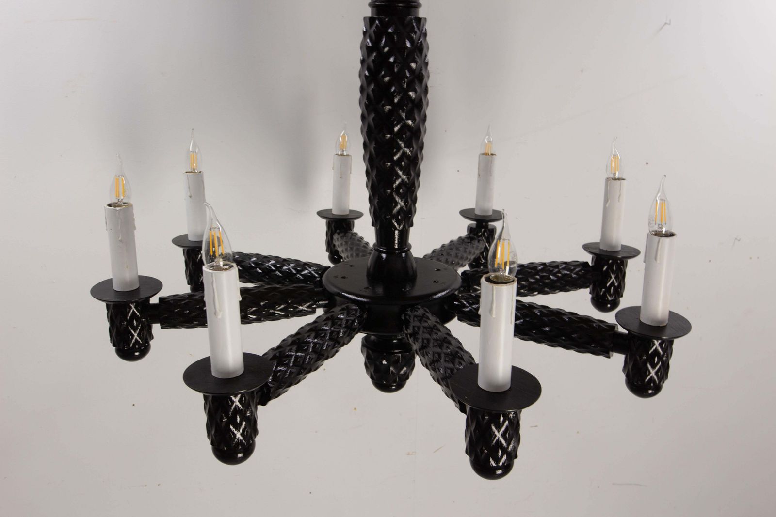 French Black Lacquered Wood Ceiling Lustre Eight Lamps, Circa 1940 photo Lighting