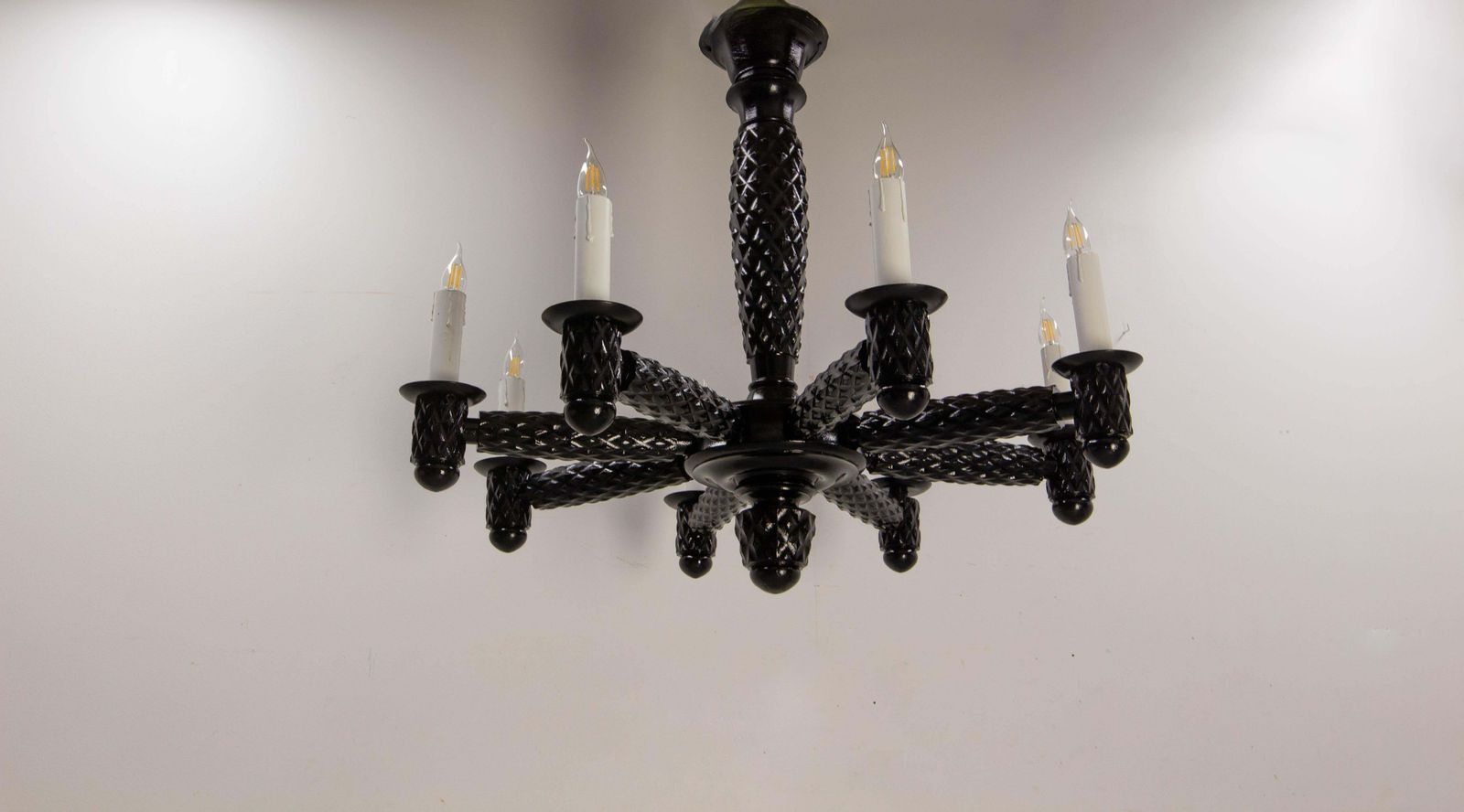 French Black Lacquered Wood Ceiling Lustre Eight Lamps, Circa 1940 photo 1917.0