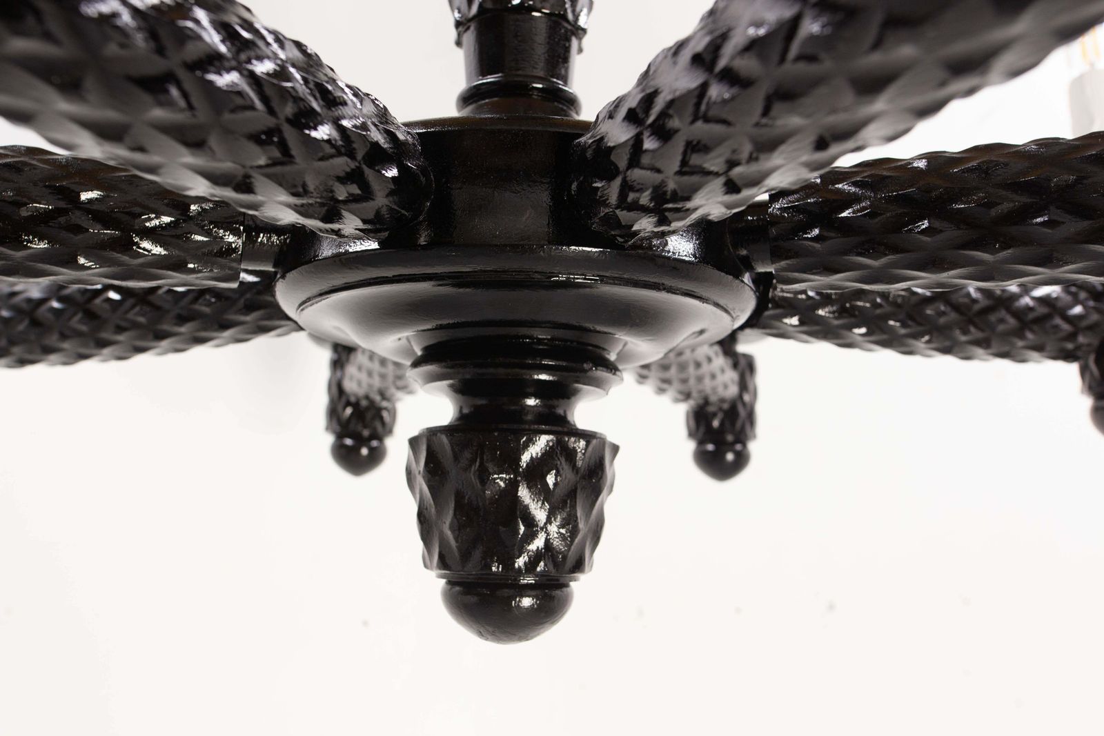 1917.0 French Black Lacquered Wood Ceiling Lustre Eight Lamps, Circa 1940 photo