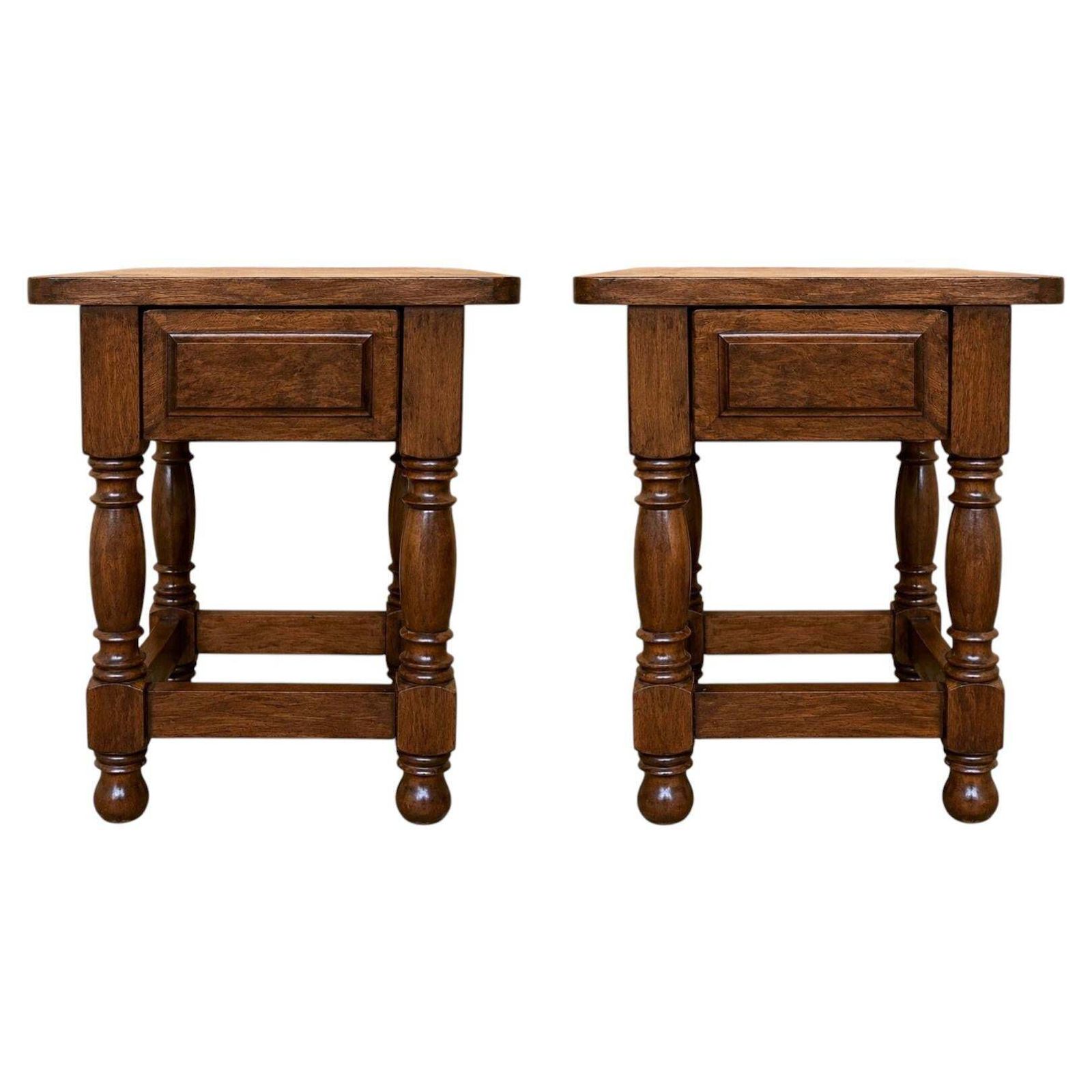 Pair Of Antique Spanish Side Tables With Turned Legs And One Drawer