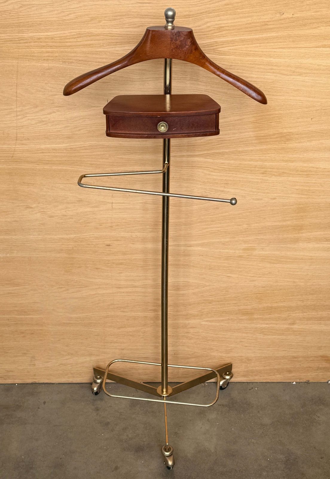 Vintage Brass & Walnut Gentleman's Valet Stand With Drawer And Trouser Rack photo furniture