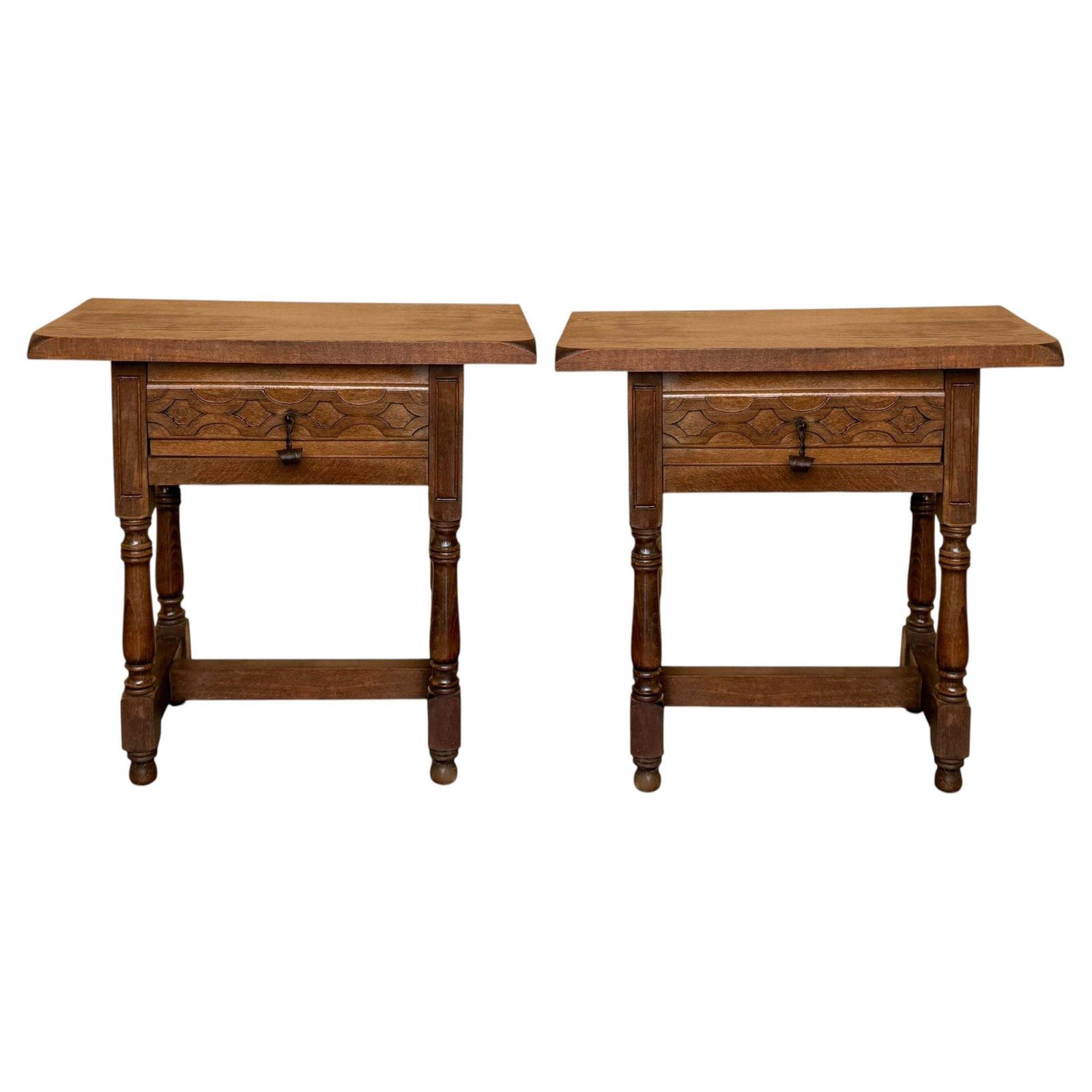 Antique Pair Of Spanish Solid Walnut Nightstands With Hand Carved Drawer Fronts