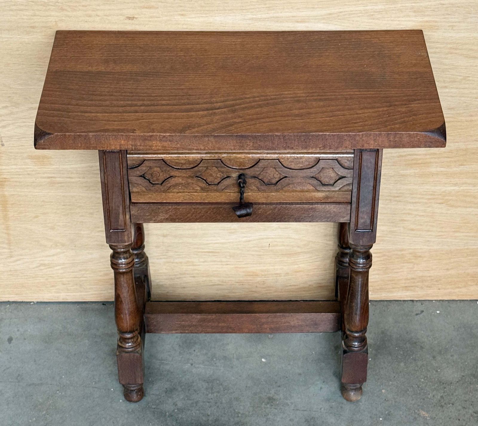 Antique Pair Of Spanish Solid Walnut Nightstands With Hand Carved Drawer Fronts photo Furniture