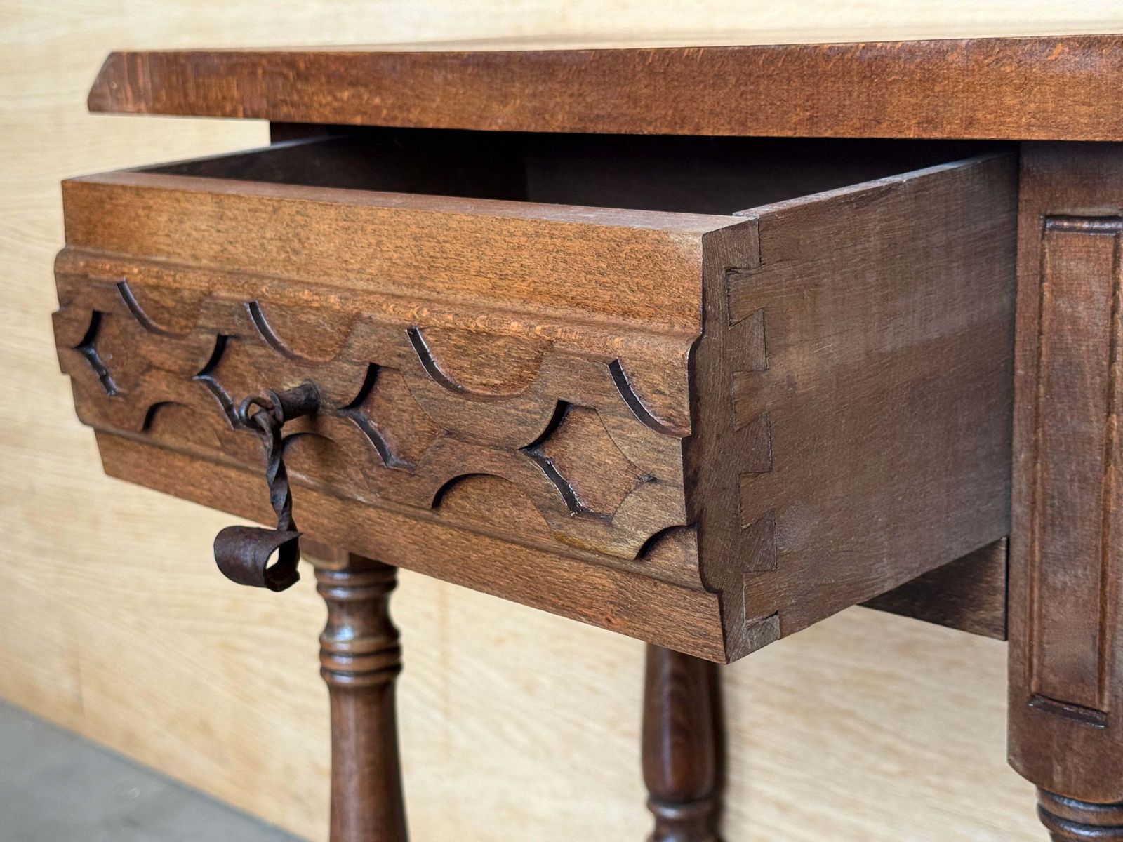 Antique Pair Of Spanish Solid Walnut Nightstands With Hand Carved Drawer Fronts photo vintage