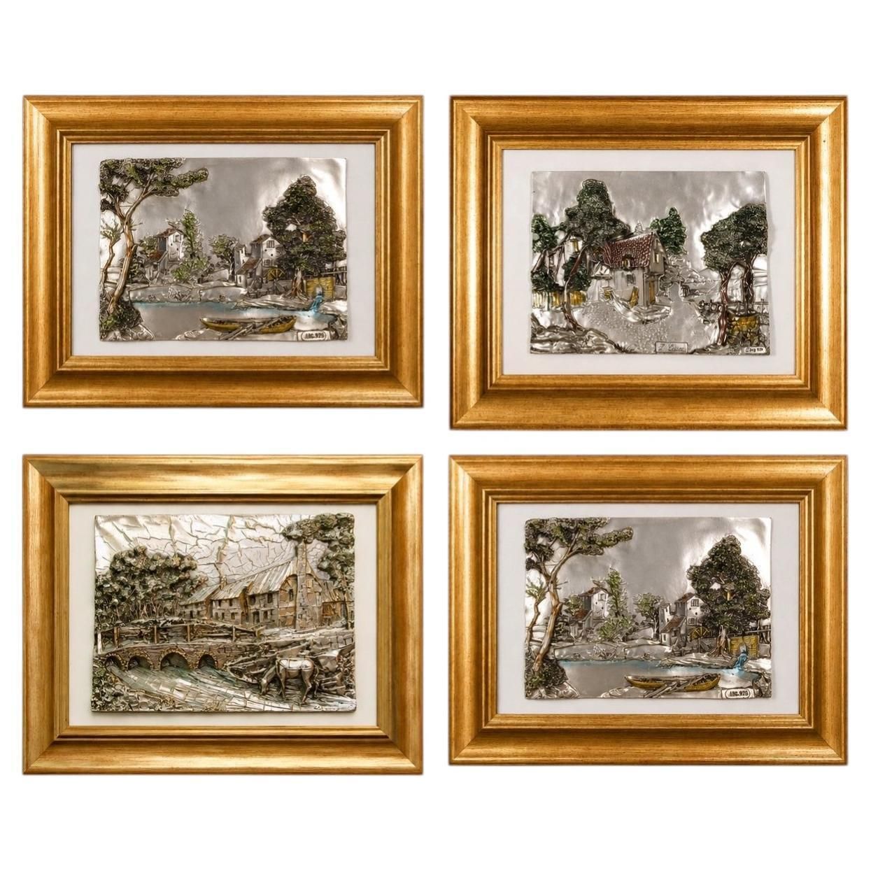 Collectie van vier Italiaanse bas-reliëfs met 925 verzilverd landschap door Guerrini