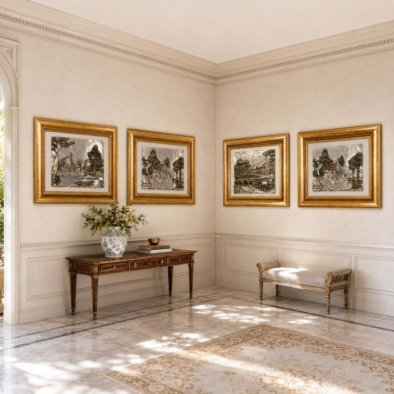 Collection Of Four Italian 925 Silver Plated Landscape Bas Reliefs By Guerrini photo Art