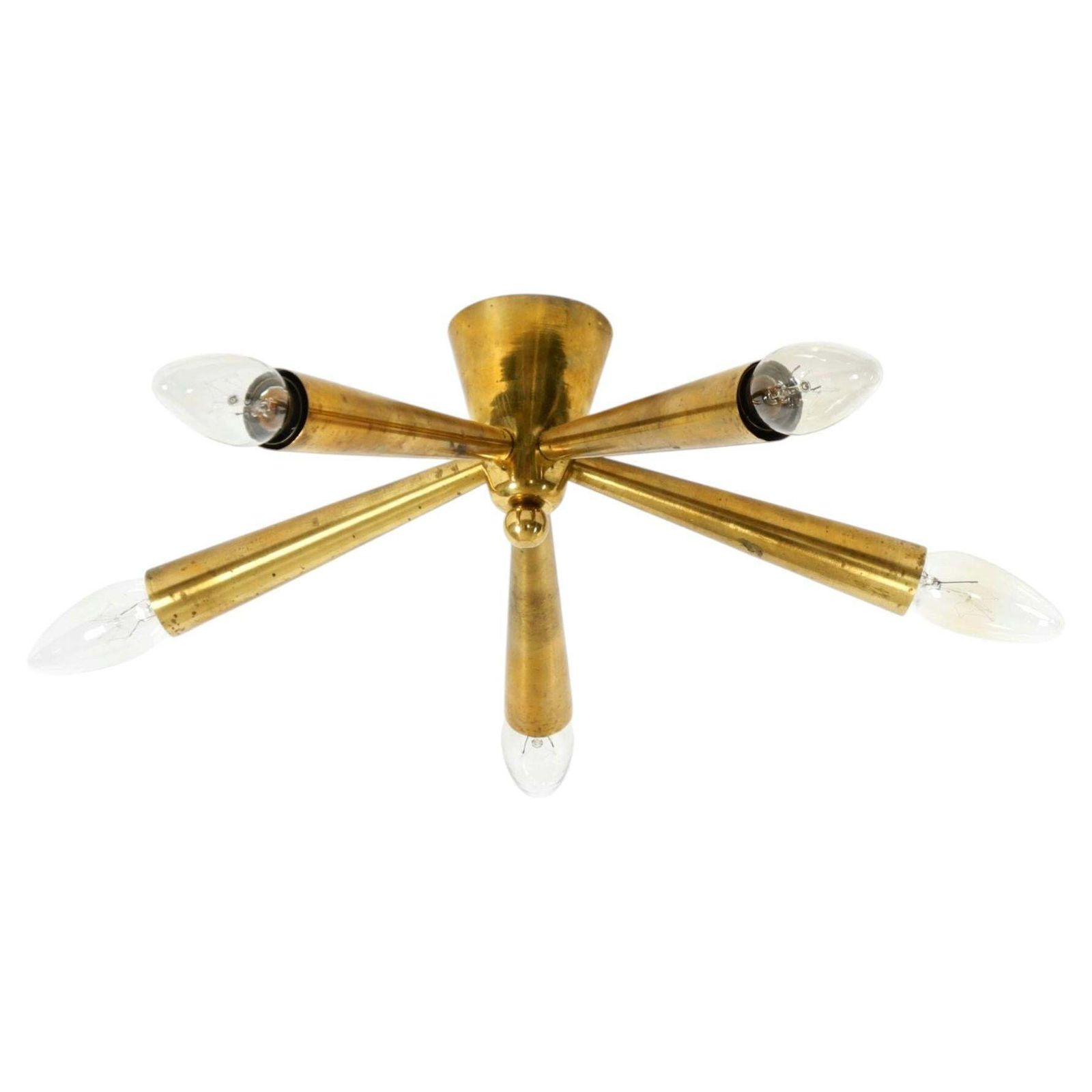 Kleine mid-century modern messing Sputnik plafondlamp met vijf armen