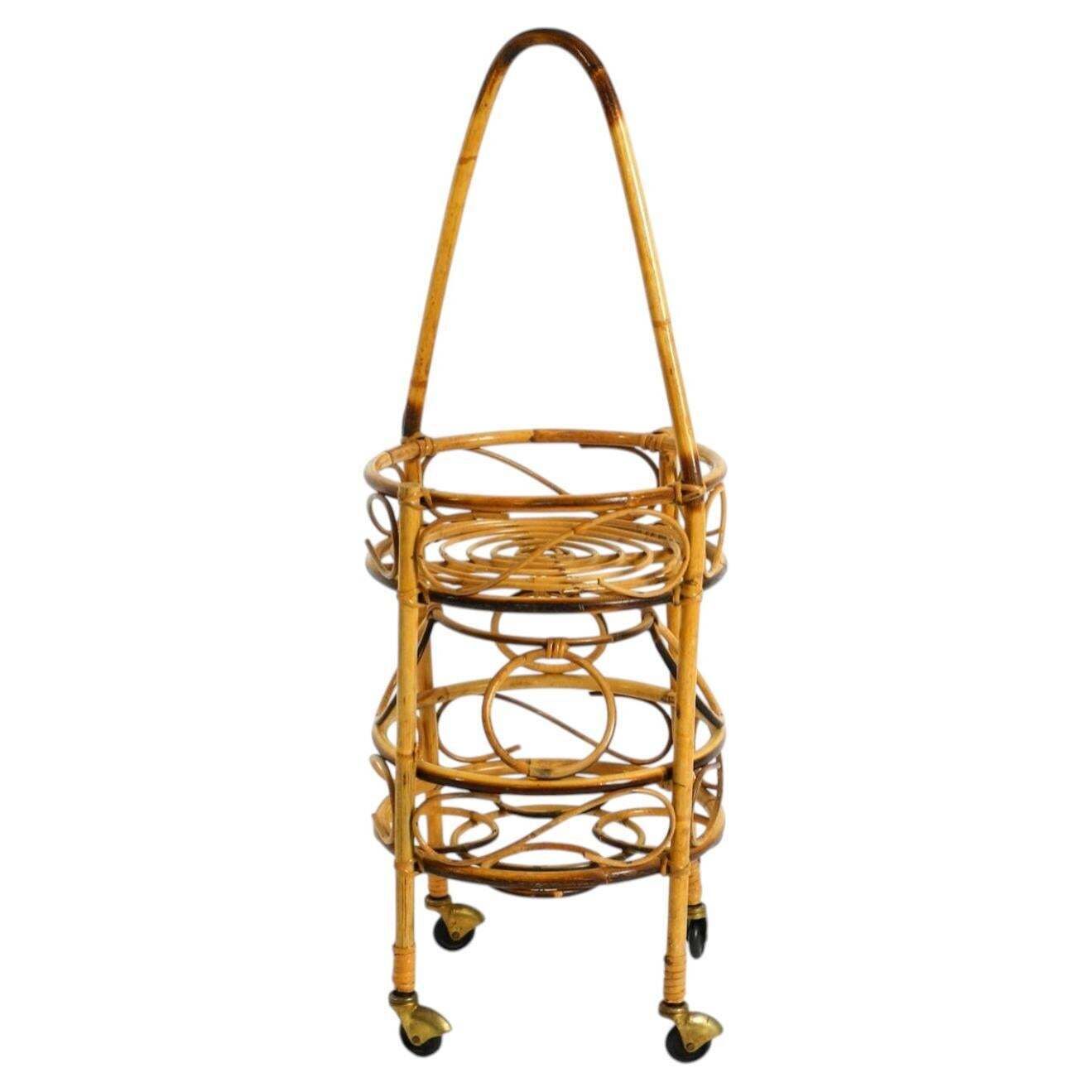 Beautiful Italian Mid Century Bar And Serving Trolley Made Of Bamboo With Wheels
