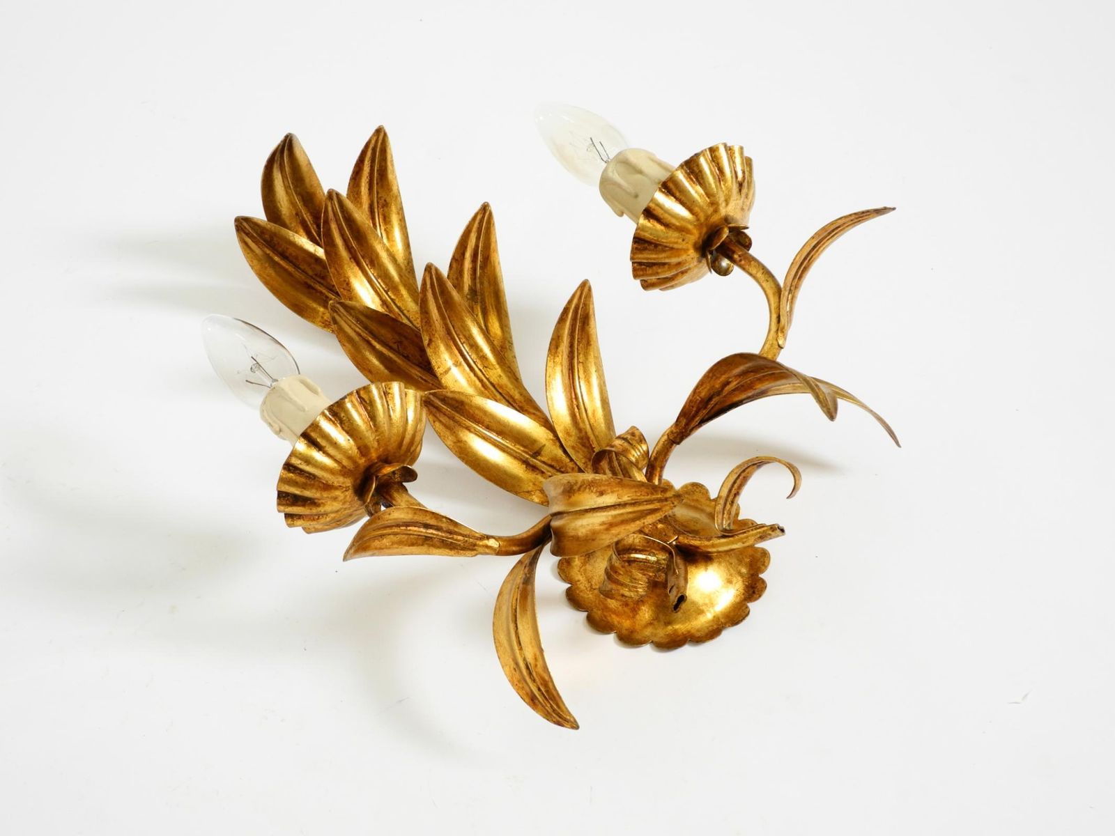 Large Italian Florentine Gilt Metal Wall Lamp With 2 Sockets, 1960s photo Lighting