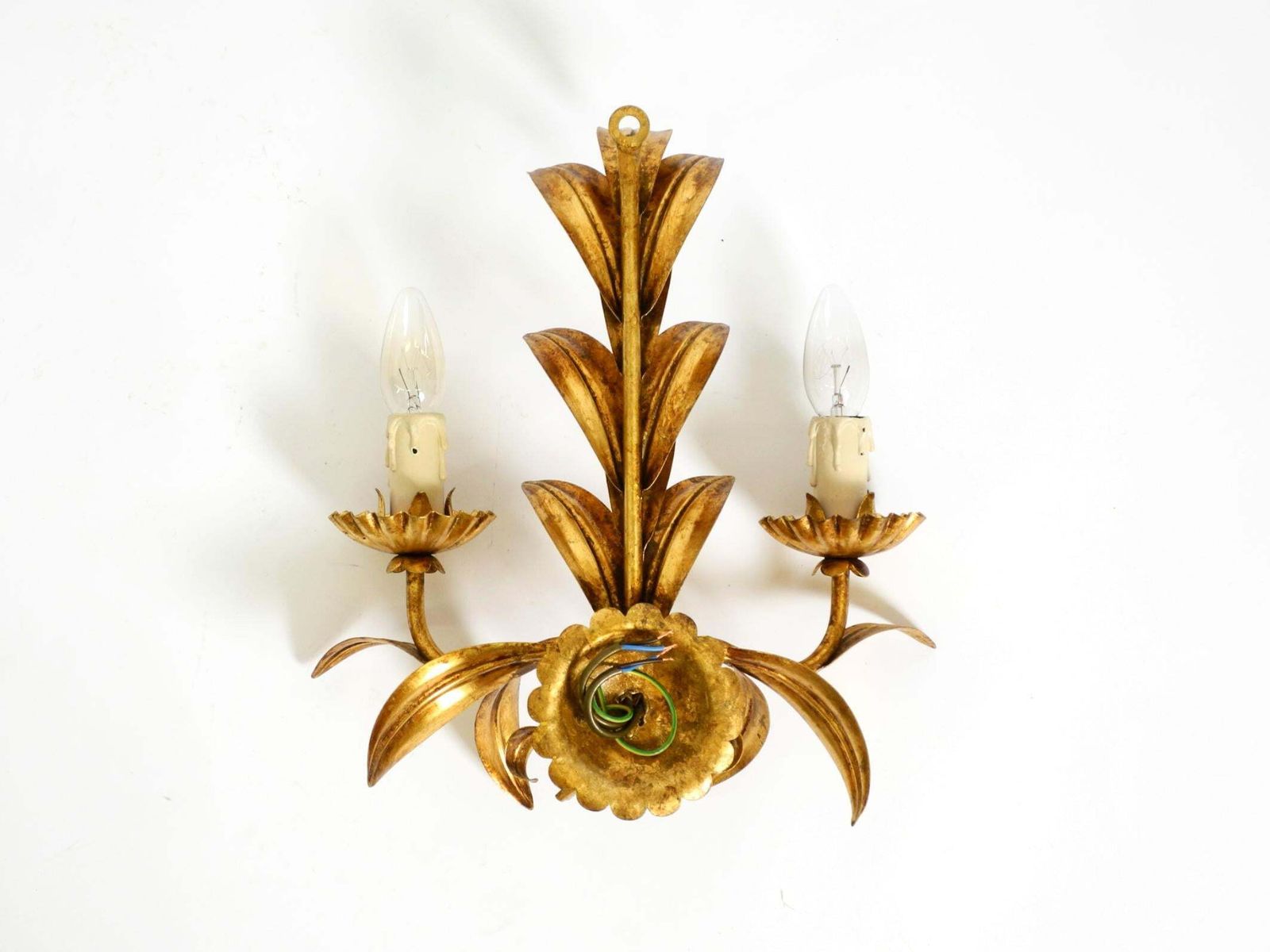 Large Italian Florentine Gilt Metal Wall Lamp With 2 Sockets, 1960s photo vintage