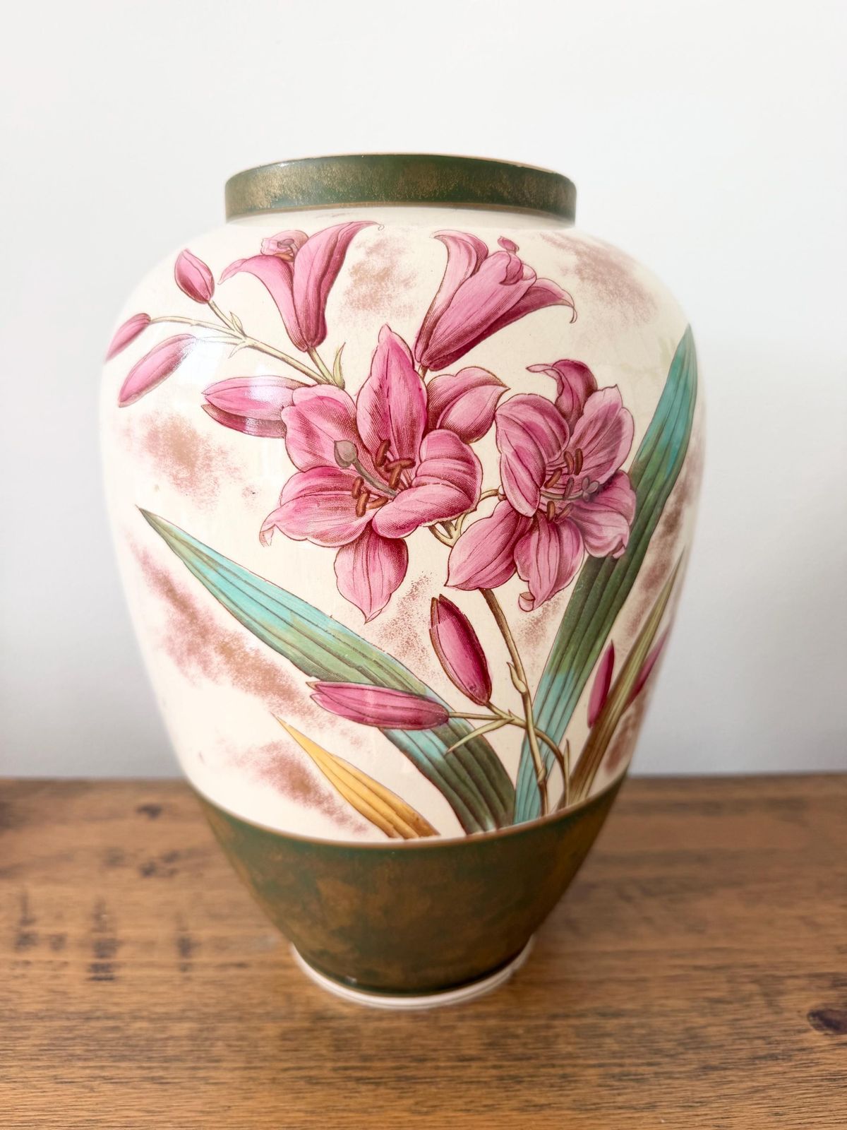 Large Antique Art Nuveau Floral Vase 32cm, Hand Painted Pink Lily Ceramic Urn, Bohemian Austrian Art Pottery, Statement Flower Vase photo furniture