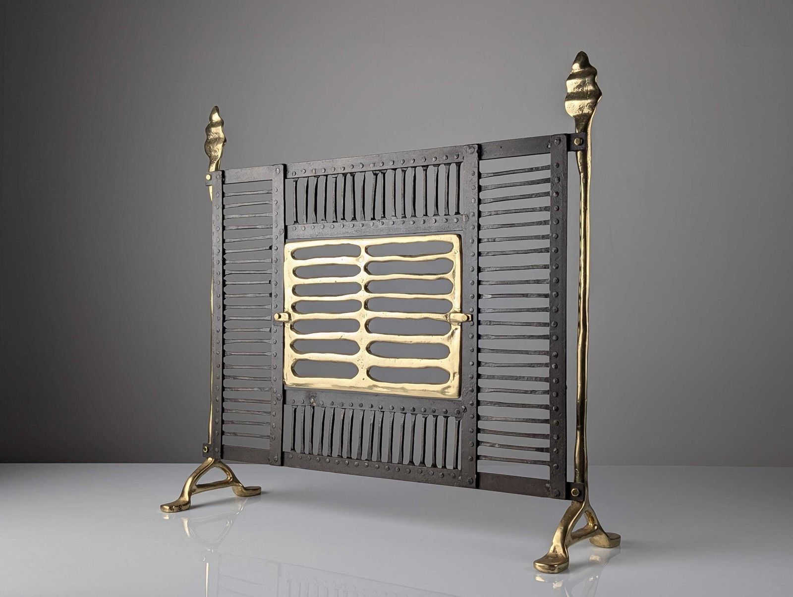 David Marshall Brass And Wrought Iron Fireplace Screen, Spain, 1970s