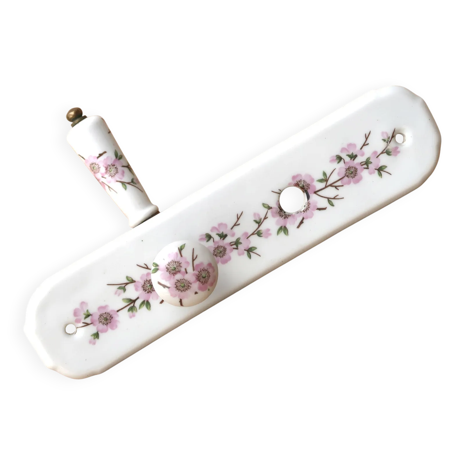 Poignée de porte et cache en porcelaine de Paris, décor floral à la rose, années 1960.