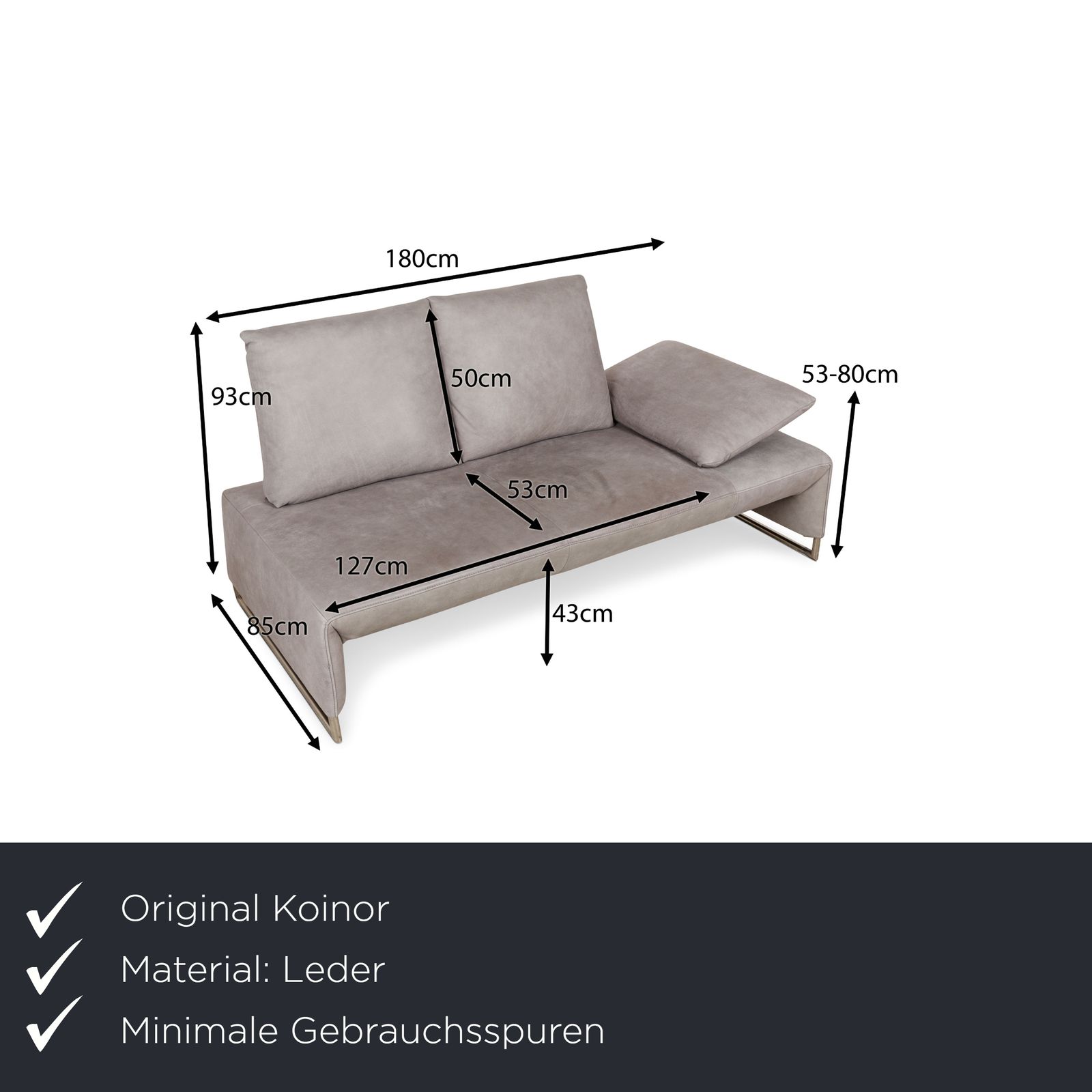 Canapé 2 places Koinor Ramon en cuir gris, fonction manuelle photo furniture