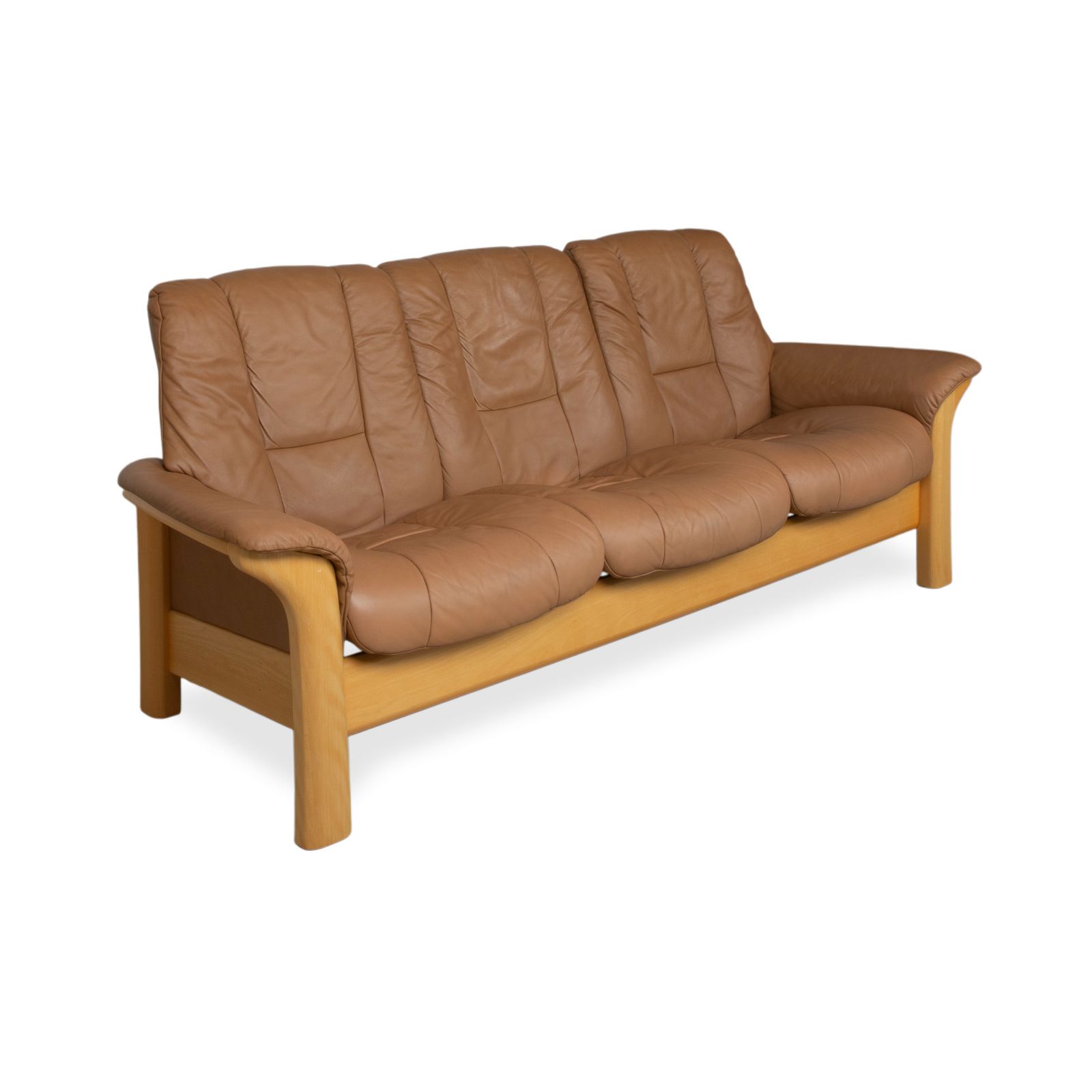 Stressless Windsor driezitsbank, leer en hout, bruin cognac, manuele relaxfunctie photo for sale
