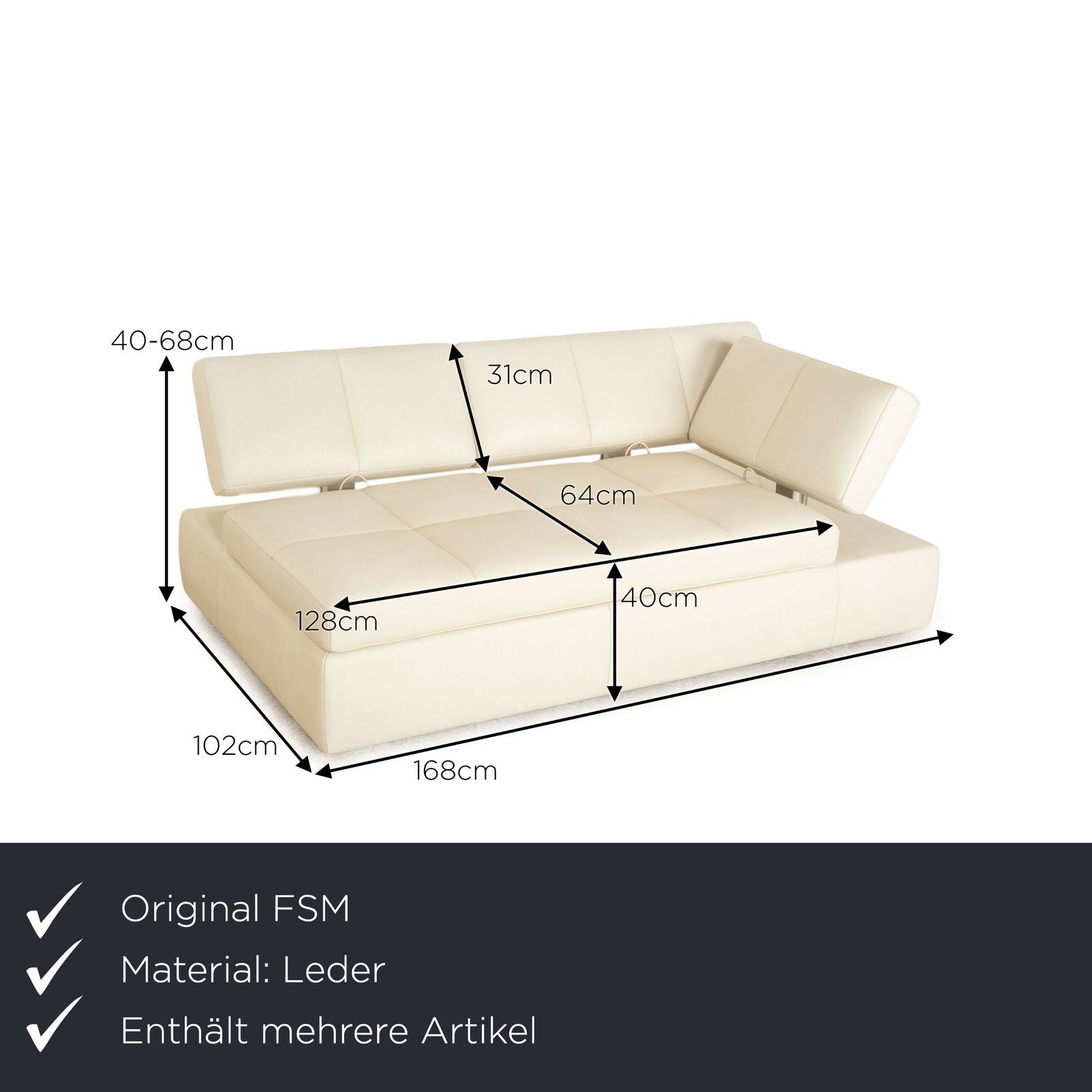Fsm Square Up Leather Set Two Seater 2x Armchairs White Cream Beige Manual Function photo furniture