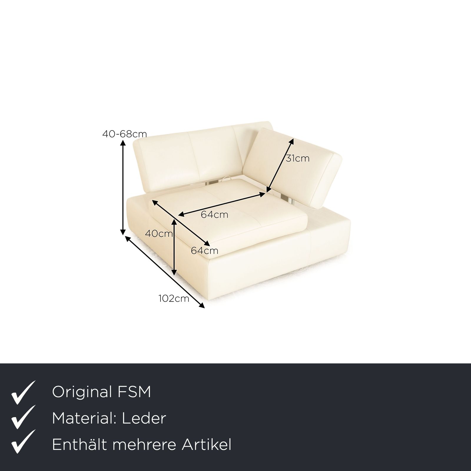 Fsm Square Up Leather Set Two Seater 2x Armchairs White Cream Beige Manual Function photo for sale