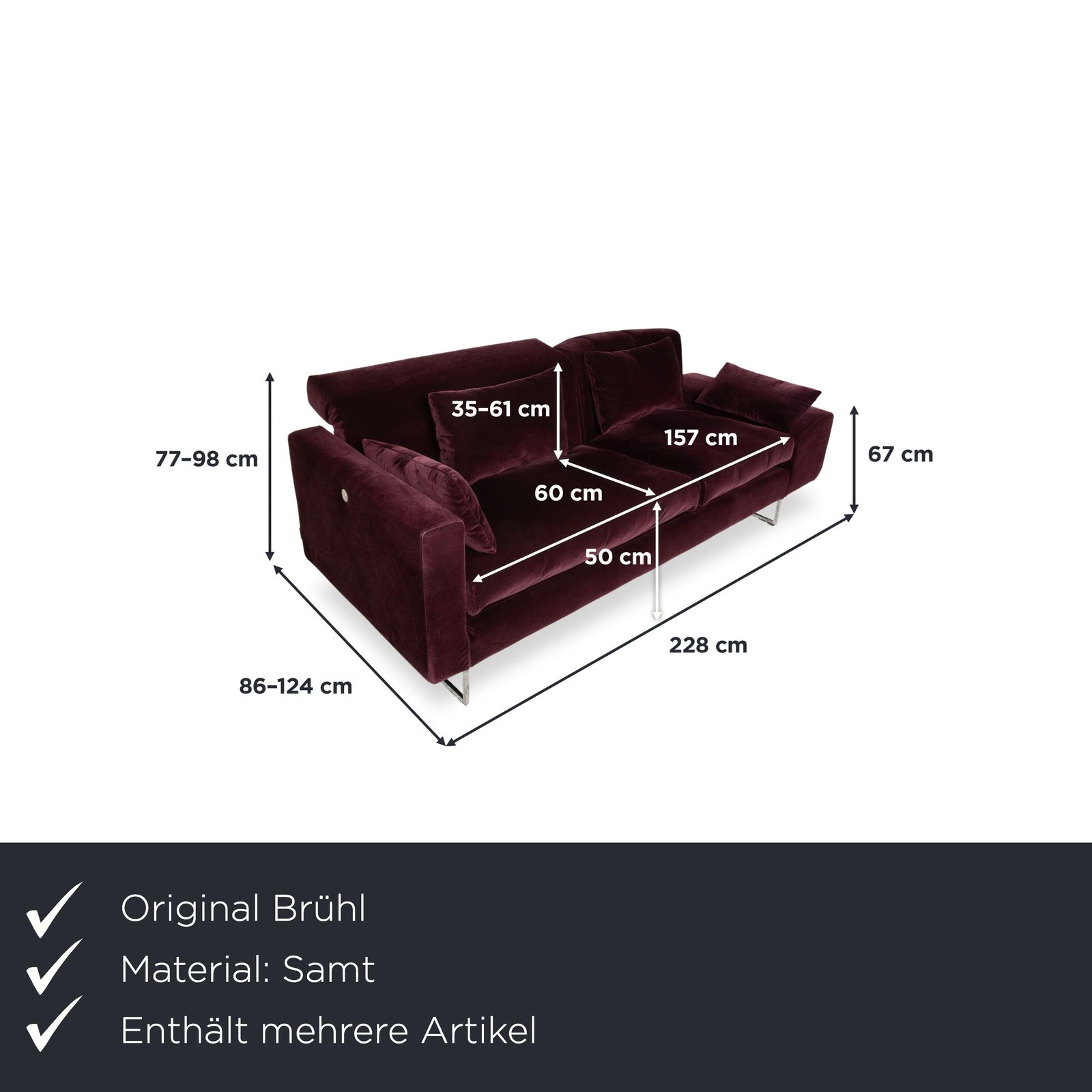 Ensemble canapé Brühl Embrace en velours violet aubergine, chrome, fonction manuelle photo furniture