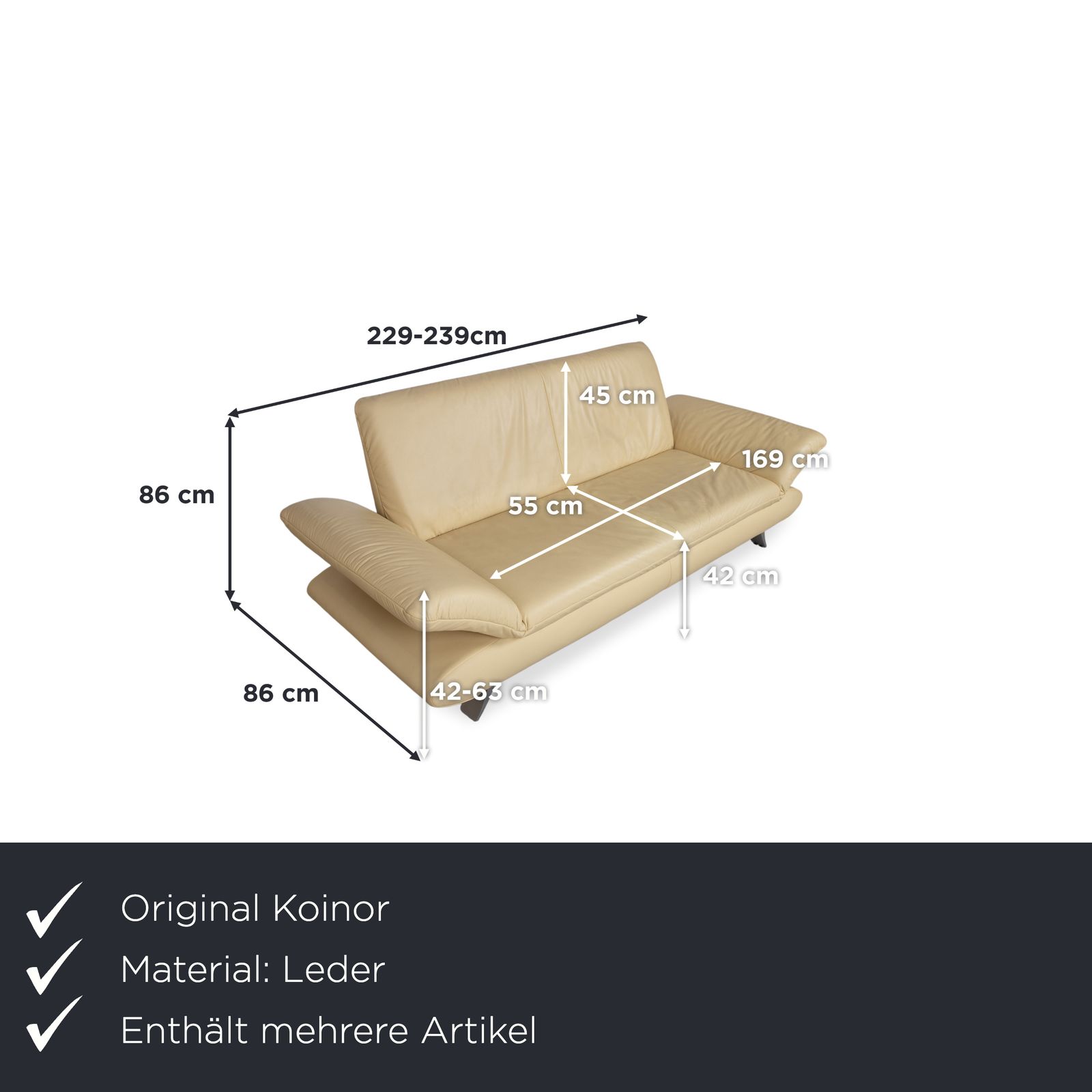 Ensemble Koinor Rossini 3 places et 2 fauteuils en cuir jaune, fonction manuelle photo furniture