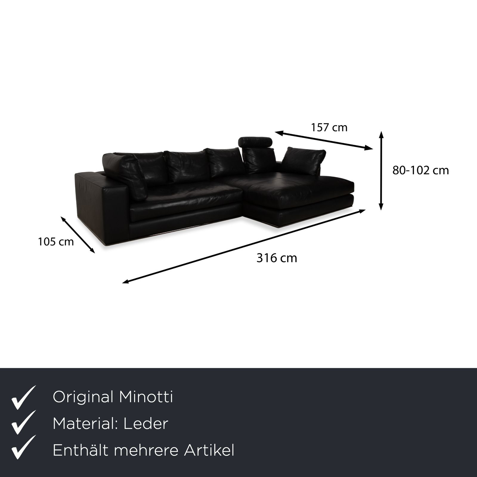 Canapé d'angle Minotti Hamilton en cuir, méridienne droite à fonction manuelle, avec table basse en cuir blanc photo furniture