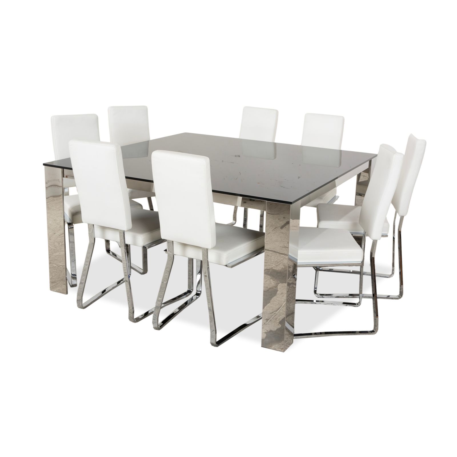 Bacher Glass Leather Dining Table 8 Piece Set Silver Chrome White Cream