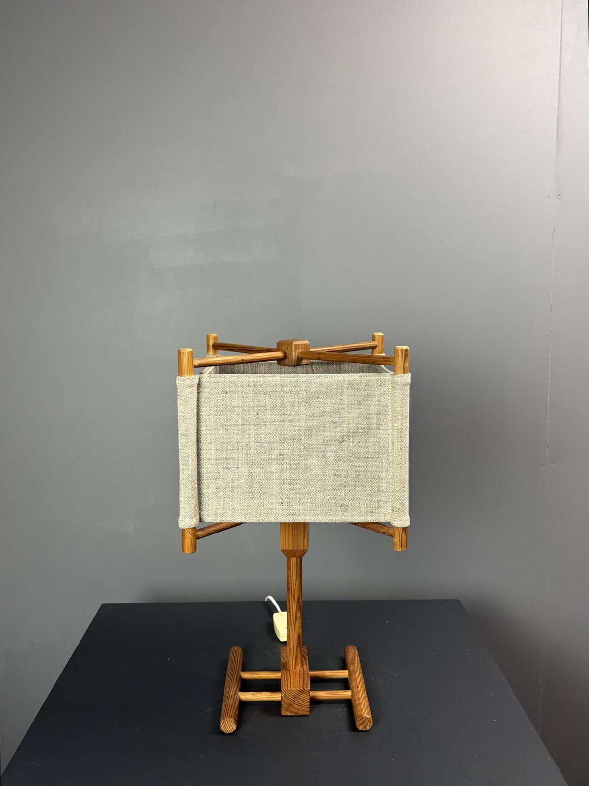 Midcentury Scandinavian Pine Table Lamp With Square Fabric Shade, 1970s photo 420.0