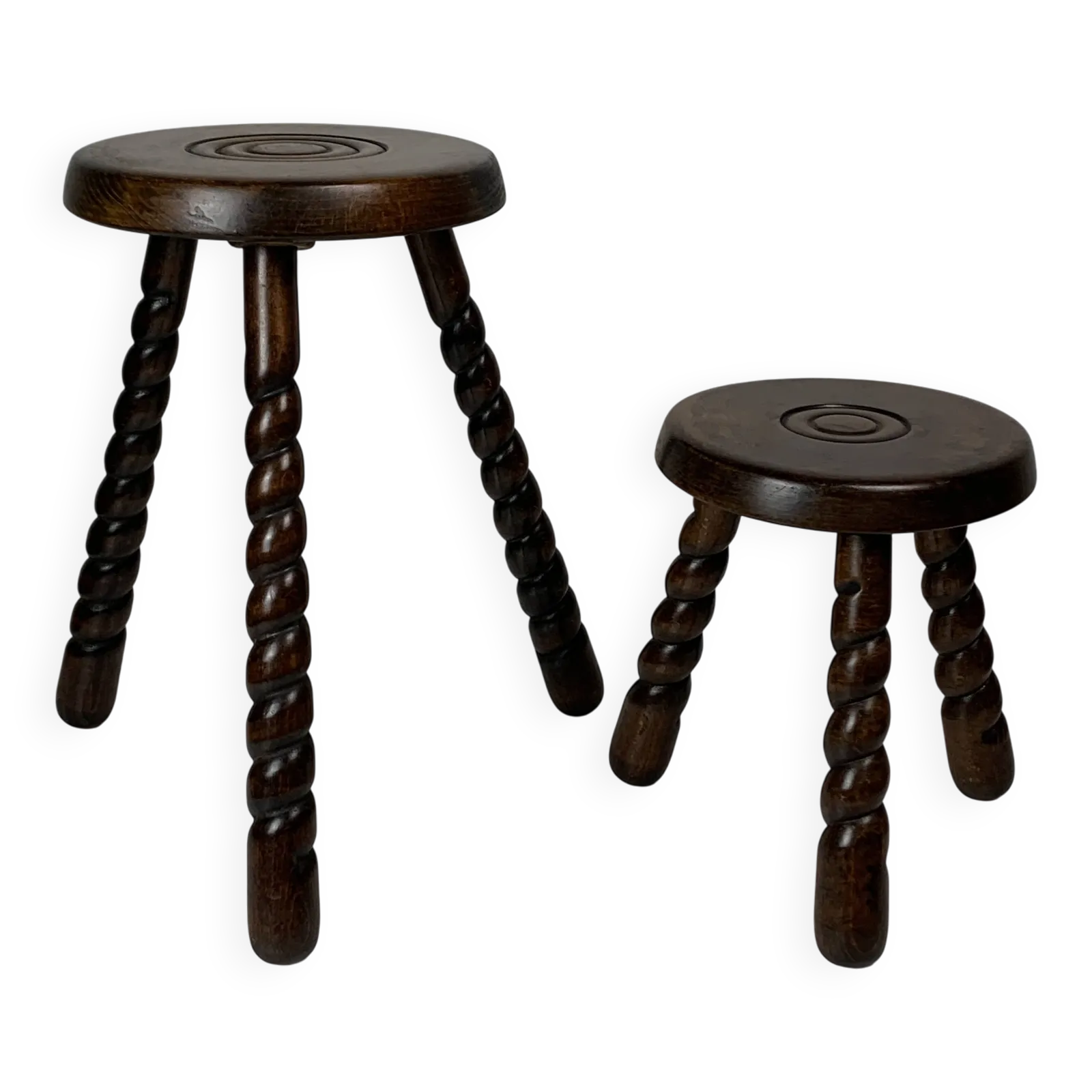 Paire de tabourets à pieds tournés en bois, style brutaliste mid-century, vers 1950