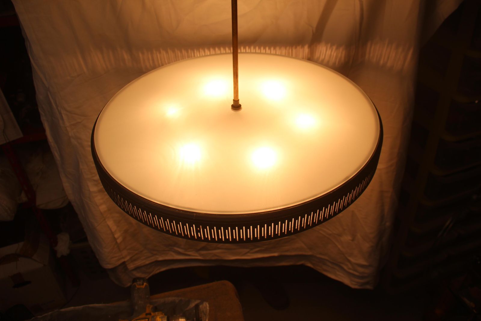 Midcentury Black Round Chandelier Gold Glass White Stilnovo Italian Design, 1950 photo Lighting