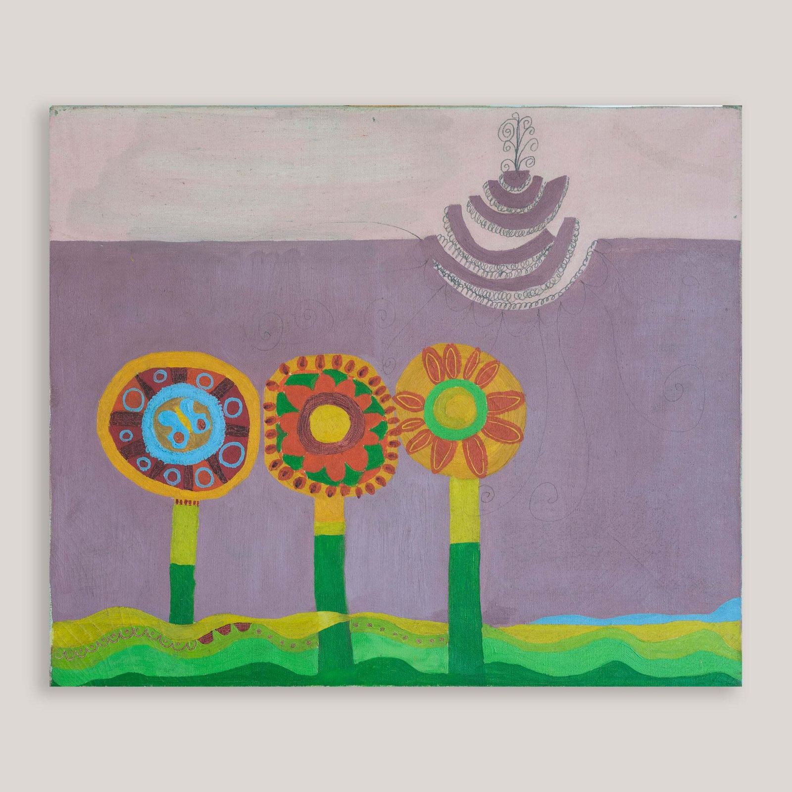 Abstract Floraal Landschap - Mid Century Olieverf op Doek