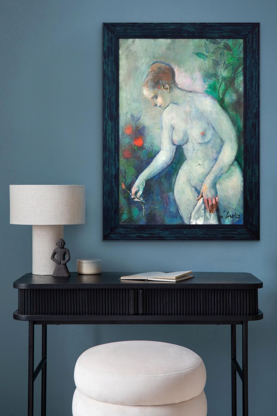 Luciano Sopelsa 1921-2010. Nudo Al Tramanto, 1975. Peinture vénitienne à l'huile encadrée représentant une femme nue avec des fleurs photo buy