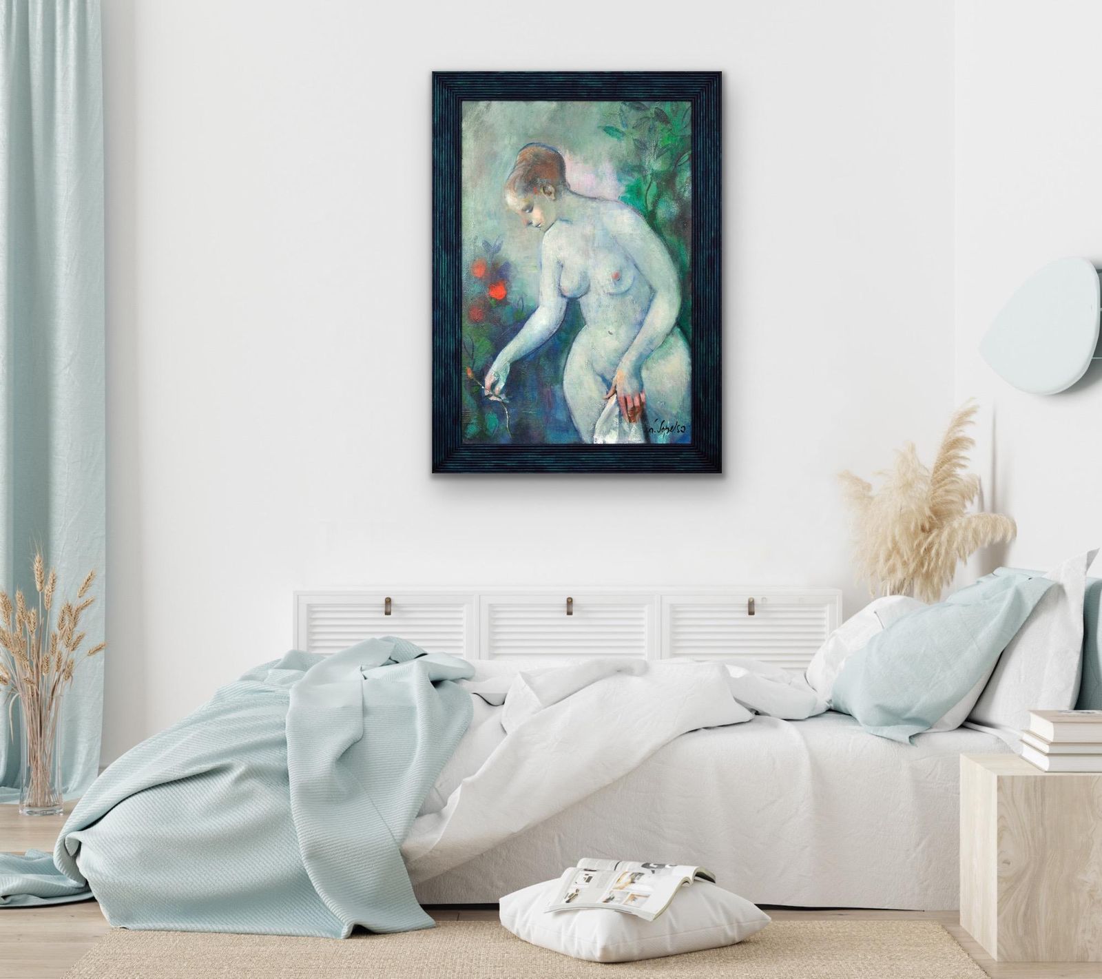 photo furniture Luciano Sopelsa 1921-2010. Nudo Al Tramanto, 1975. Peinture vénitienne à l'huile encadrée représentant une femme nue avec des fleurs