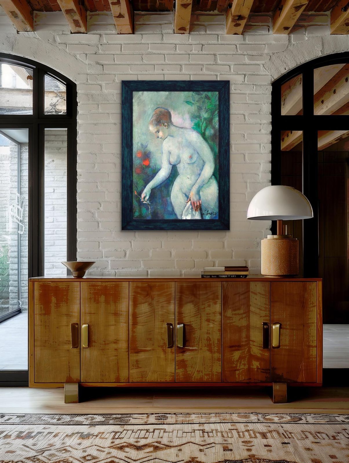 photo for sale Luciano Sopelsa 1921-2010. Nudo Al Tramanto, 1975. Peinture vénitienne à l'huile encadrée représentant une femme nue avec des fleurs