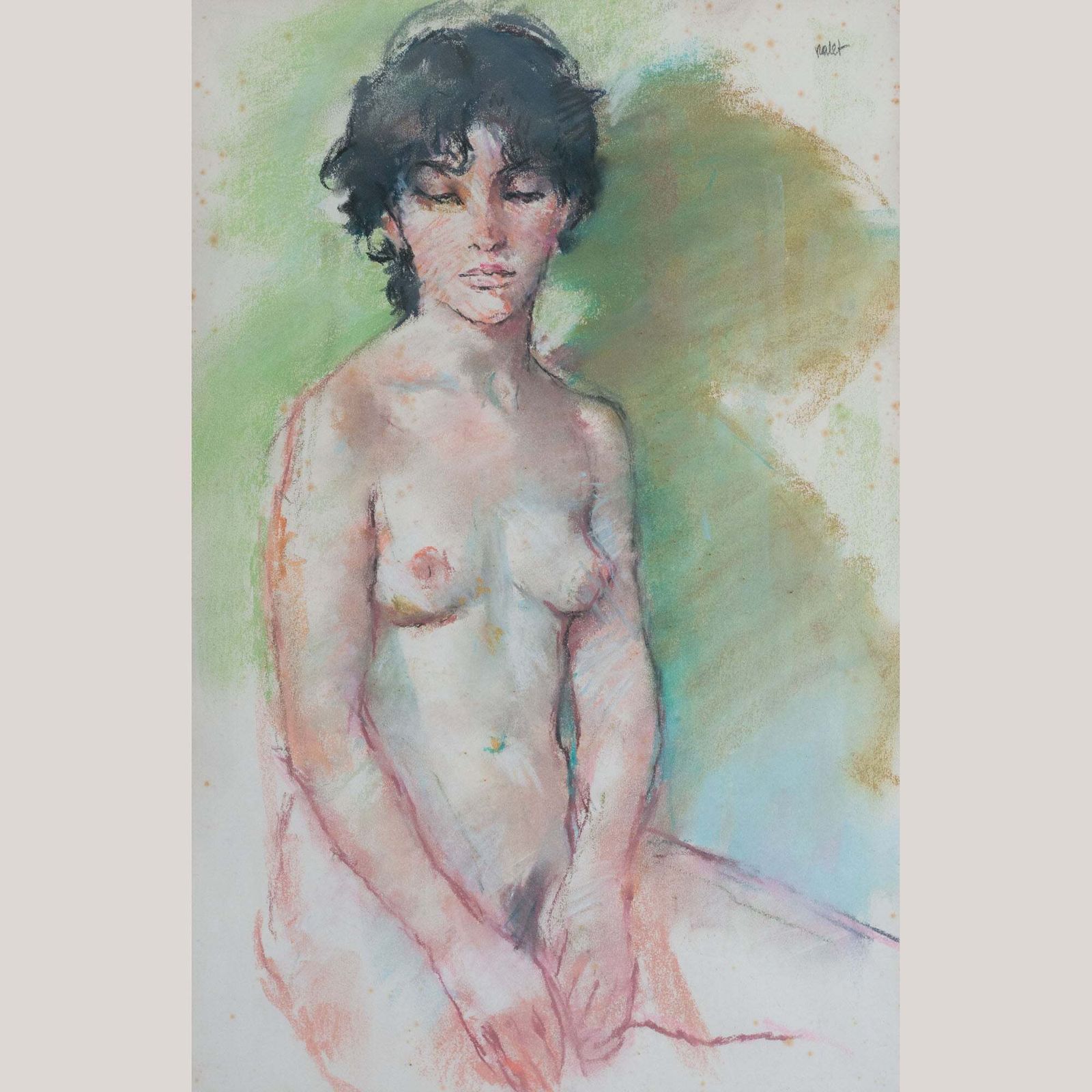 Mid Century Seated Female Nude Pastel & Watercolour, Signed