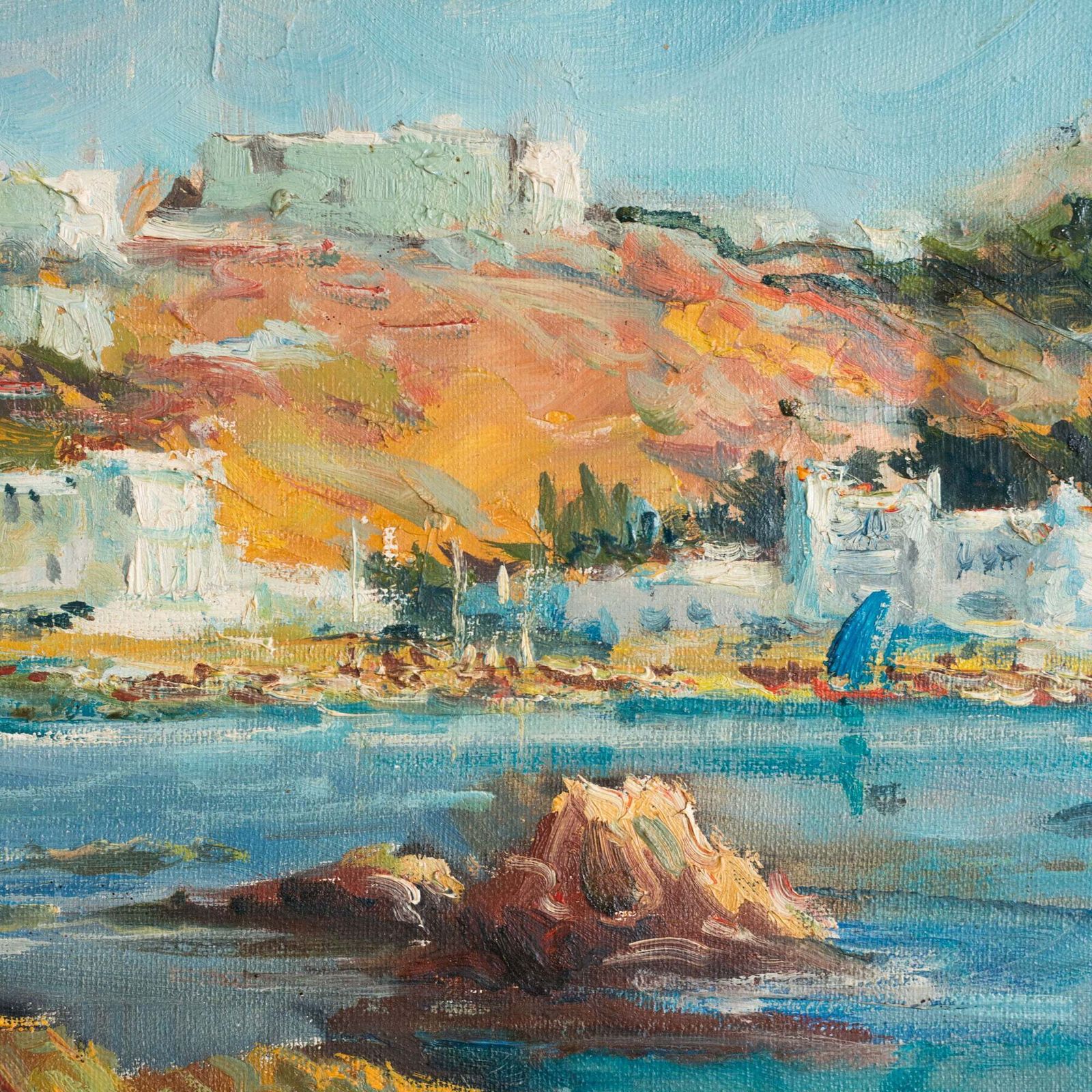 Port De L'escala Coastal Harbour Scene, Signed Oil On Canvas photo vinterior