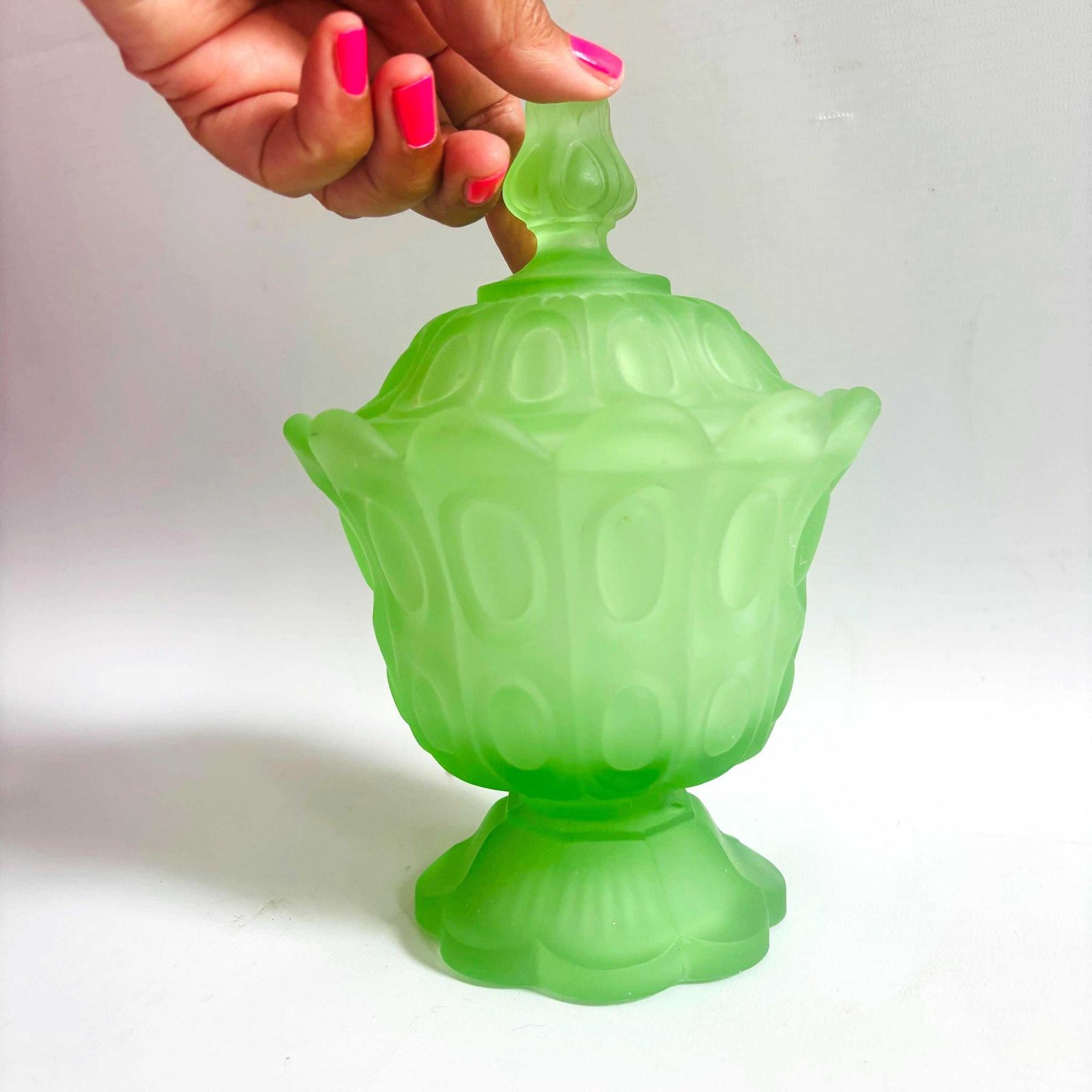 Vintage Green Satin Uranium Glass Candy Dish, Indiana Glass King's Crown Lidded Compote 20cm photo buy