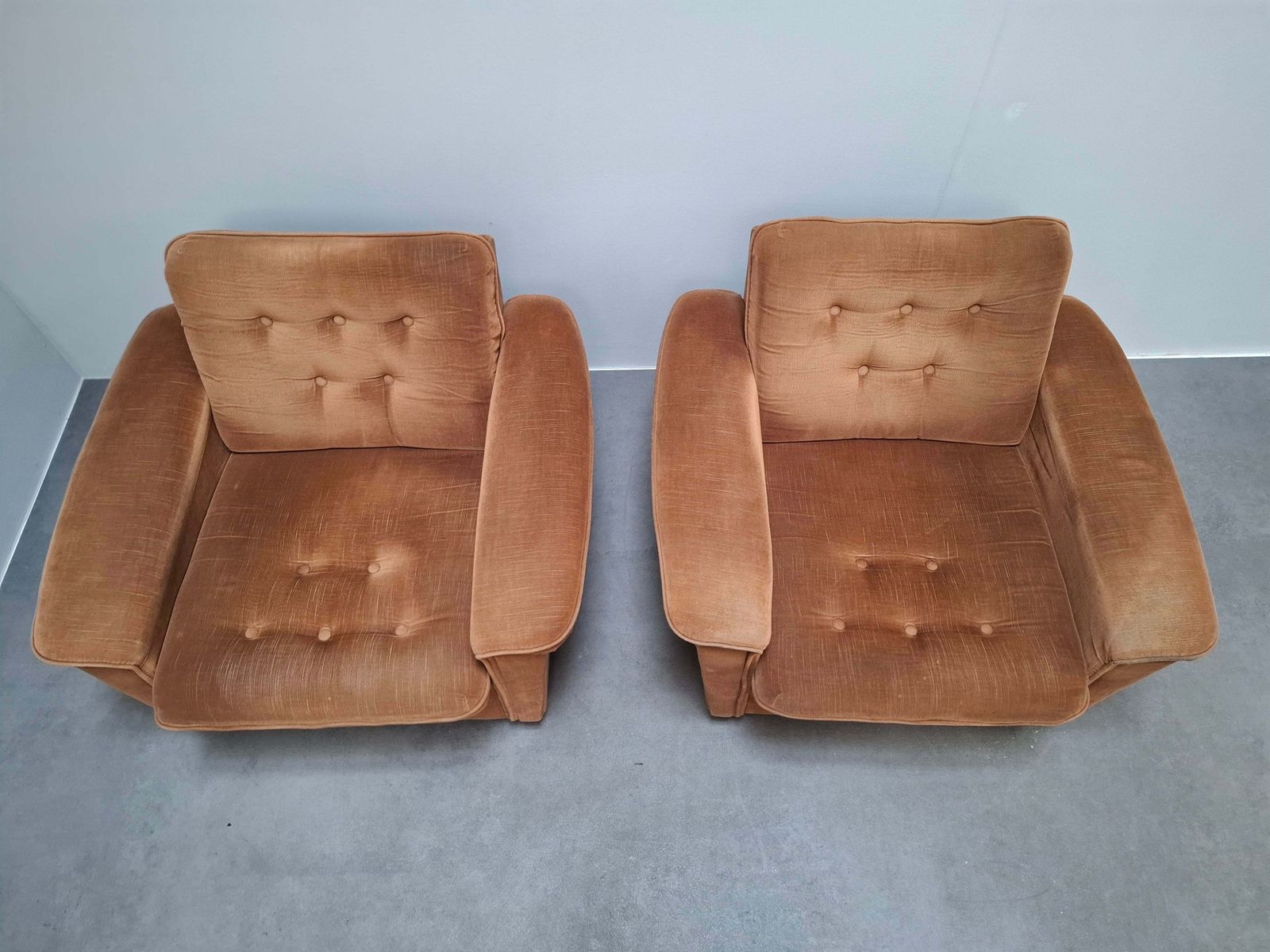 photo for sale Pair Of Mid Century Modern Czech Lounge Armchairs With Rolling Casters