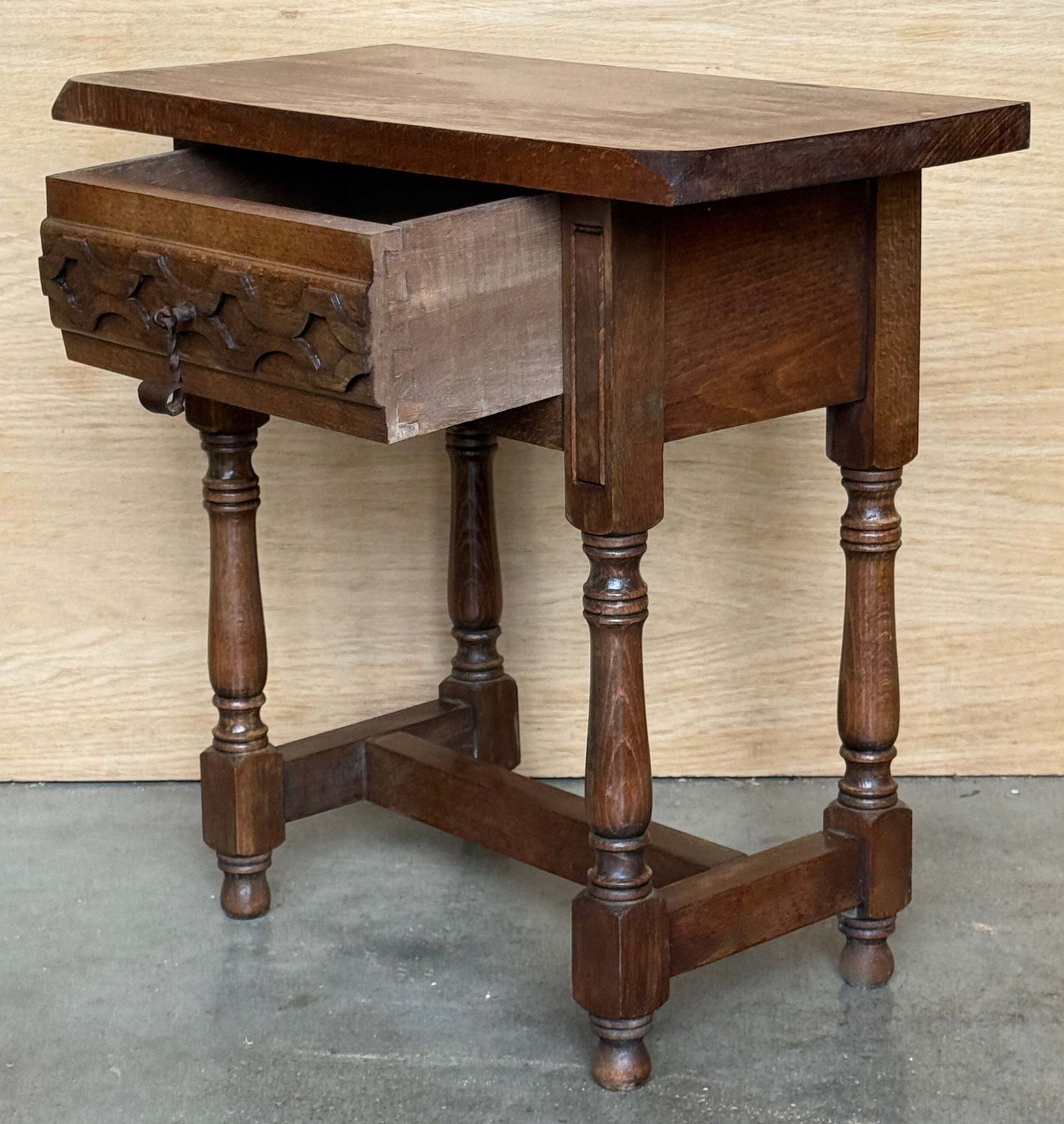 Pair Of Antique Spanish Bedside Tables In Solid Walnut With Hand Carved Drawer Fronts photo vinterior