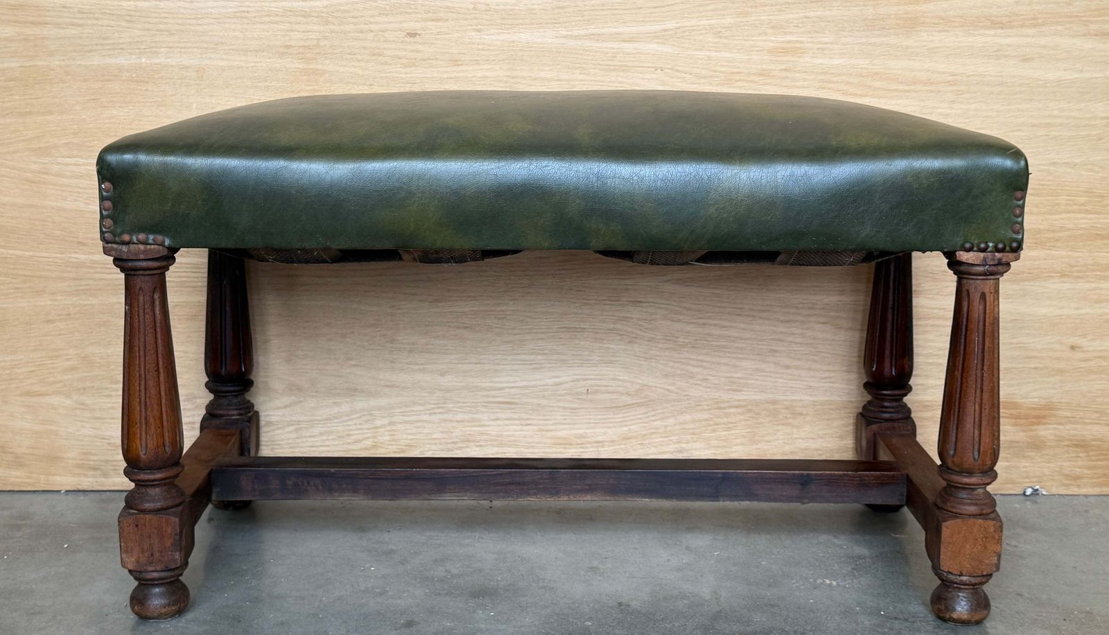 Pair Of Antique Spanish Walnut Stools Upholstered With Green Leather Seats photo furniture