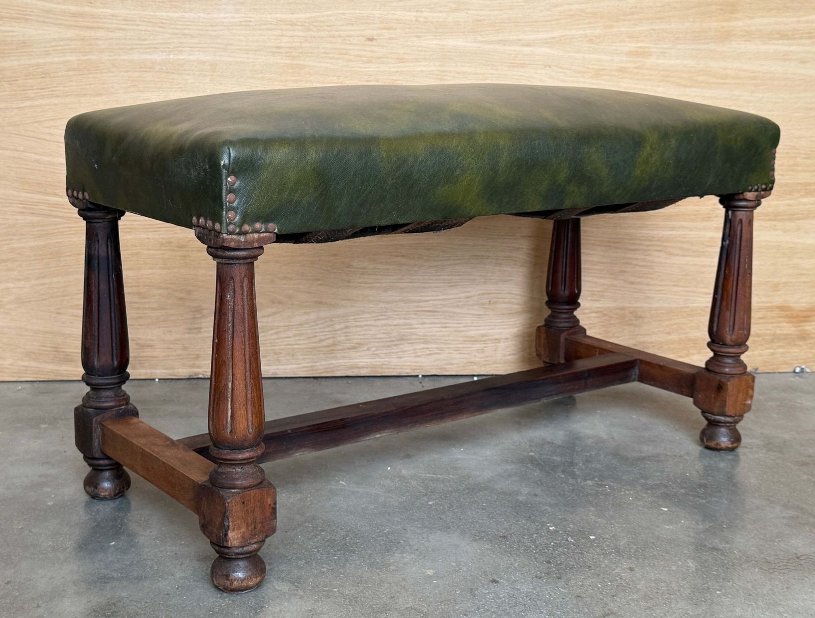 Pair Of Antique Spanish Walnut Stools Upholstered With Green Leather Seats photo for sale
