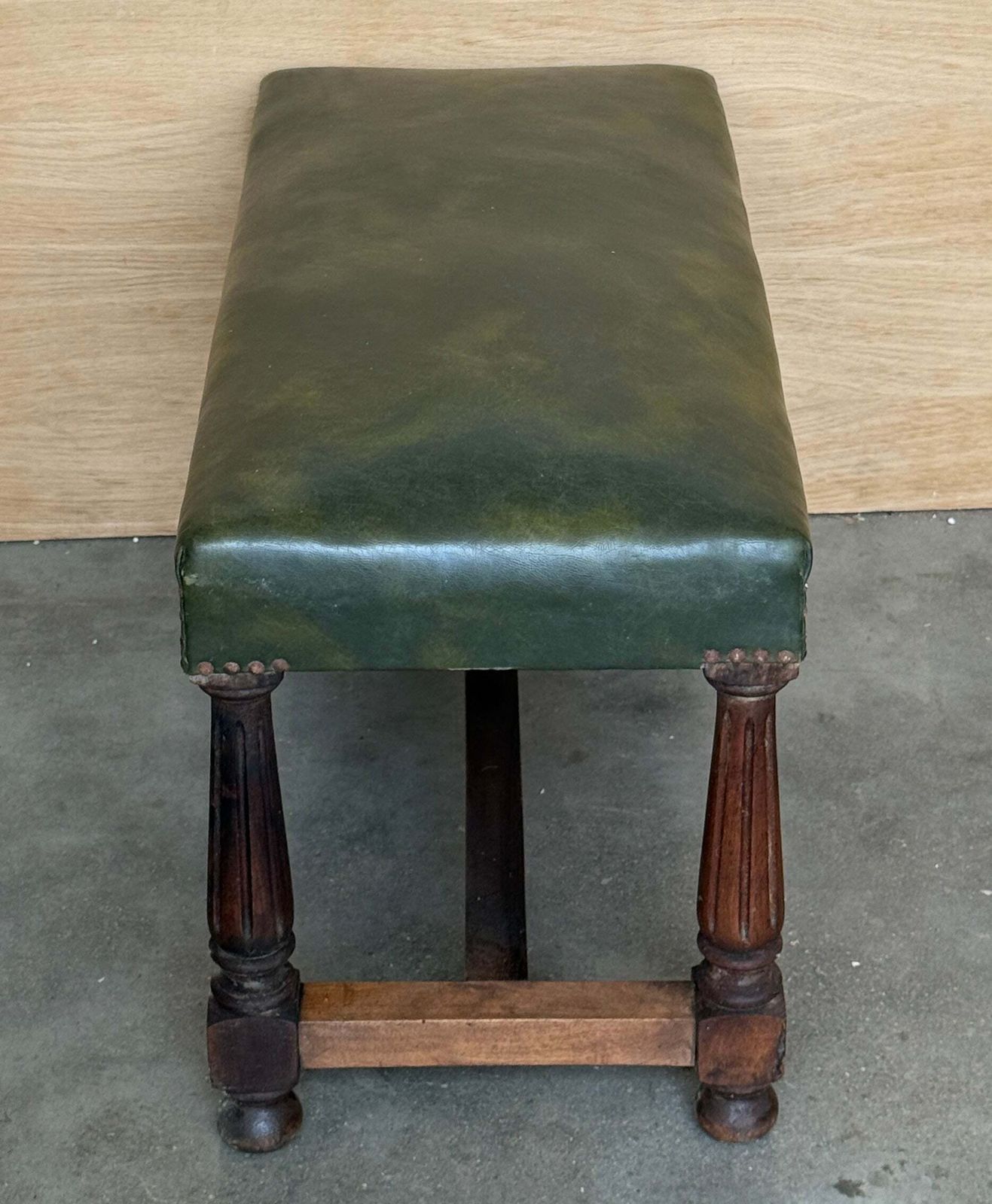 Pair Of Antique Spanish Walnut Stools Upholstered With Green Leather Seats photo 2253.0